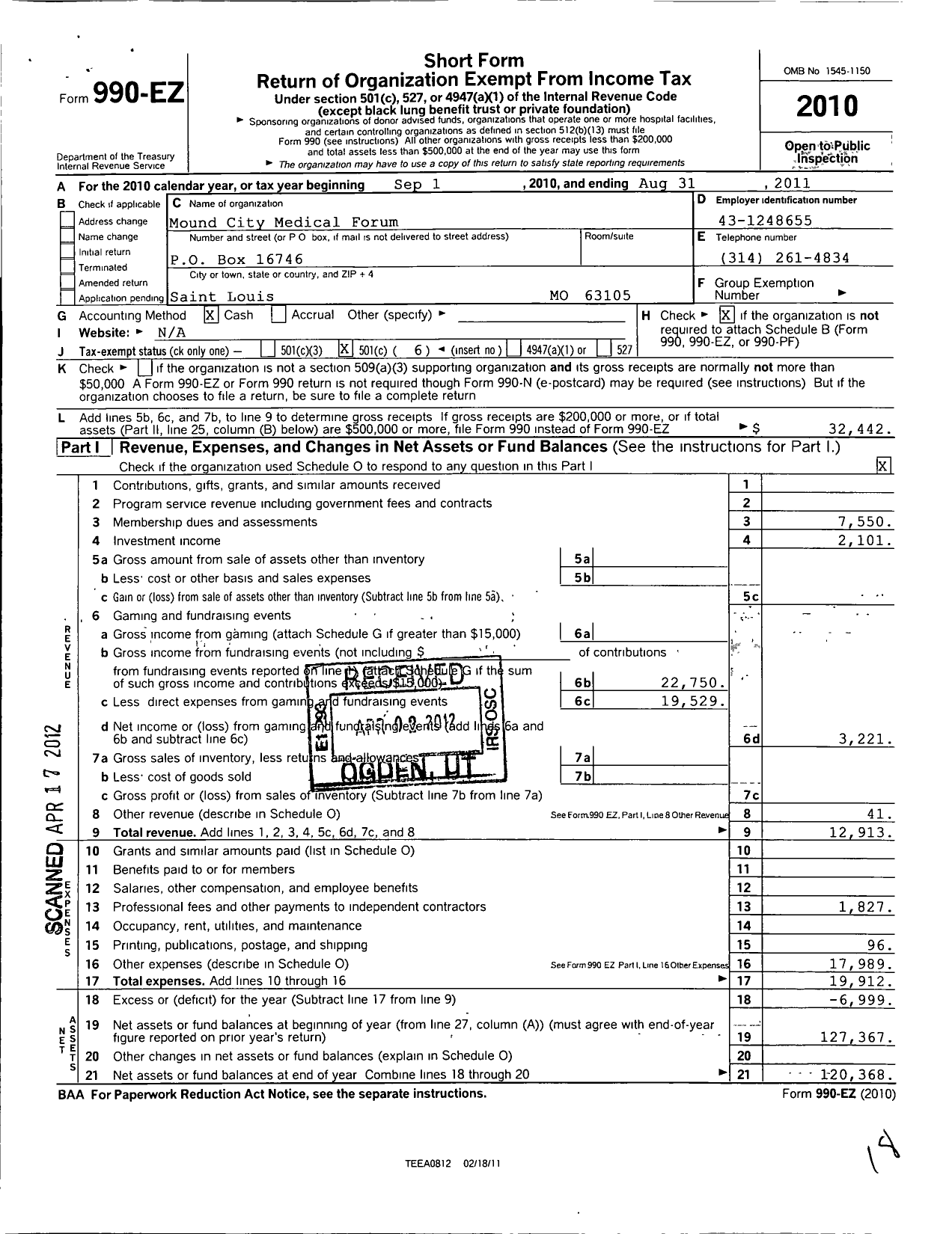 Image of first page of 2010 Form 990EO for Mound City Medical Forum