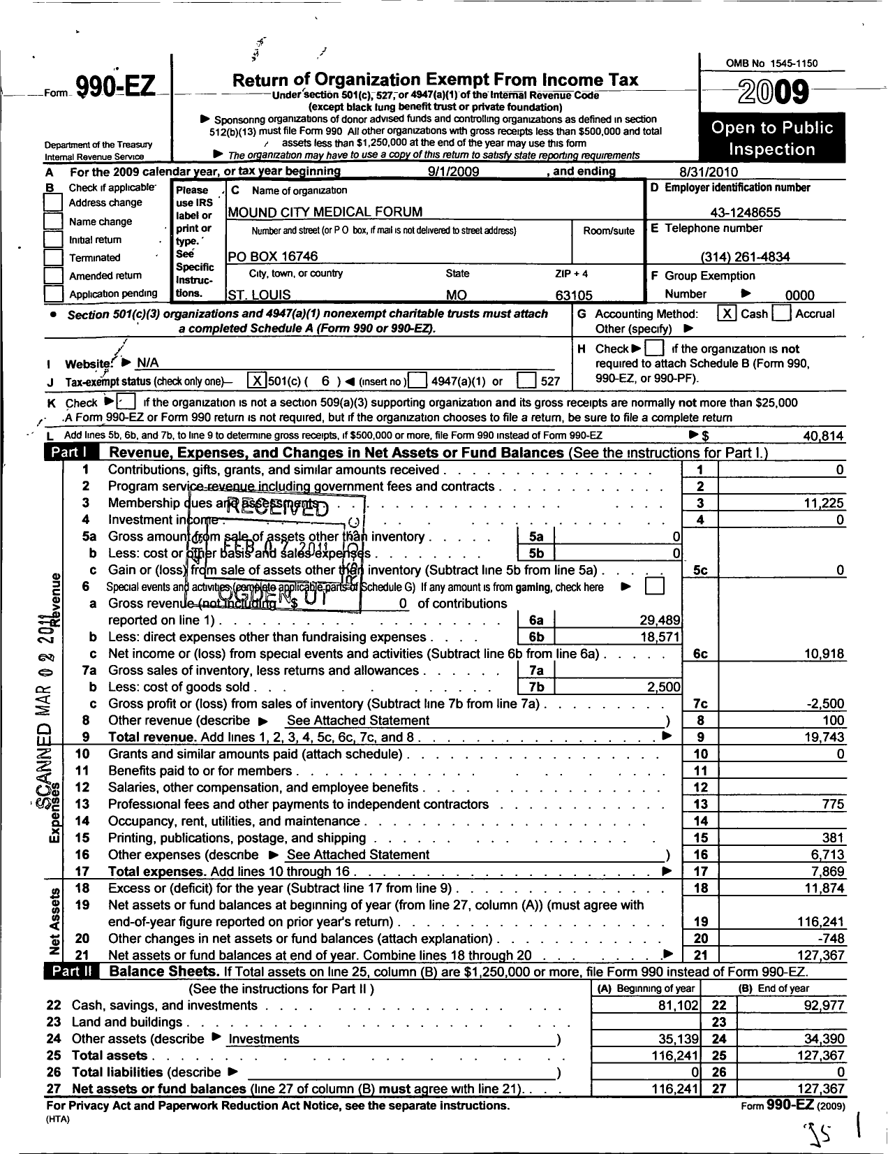 Image of first page of 2009 Form 990EO for Mound City Medical Forum