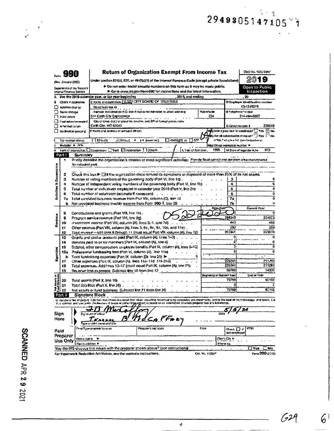 Image of first page of 2019 Form 990O for Earth City Board of Trustees