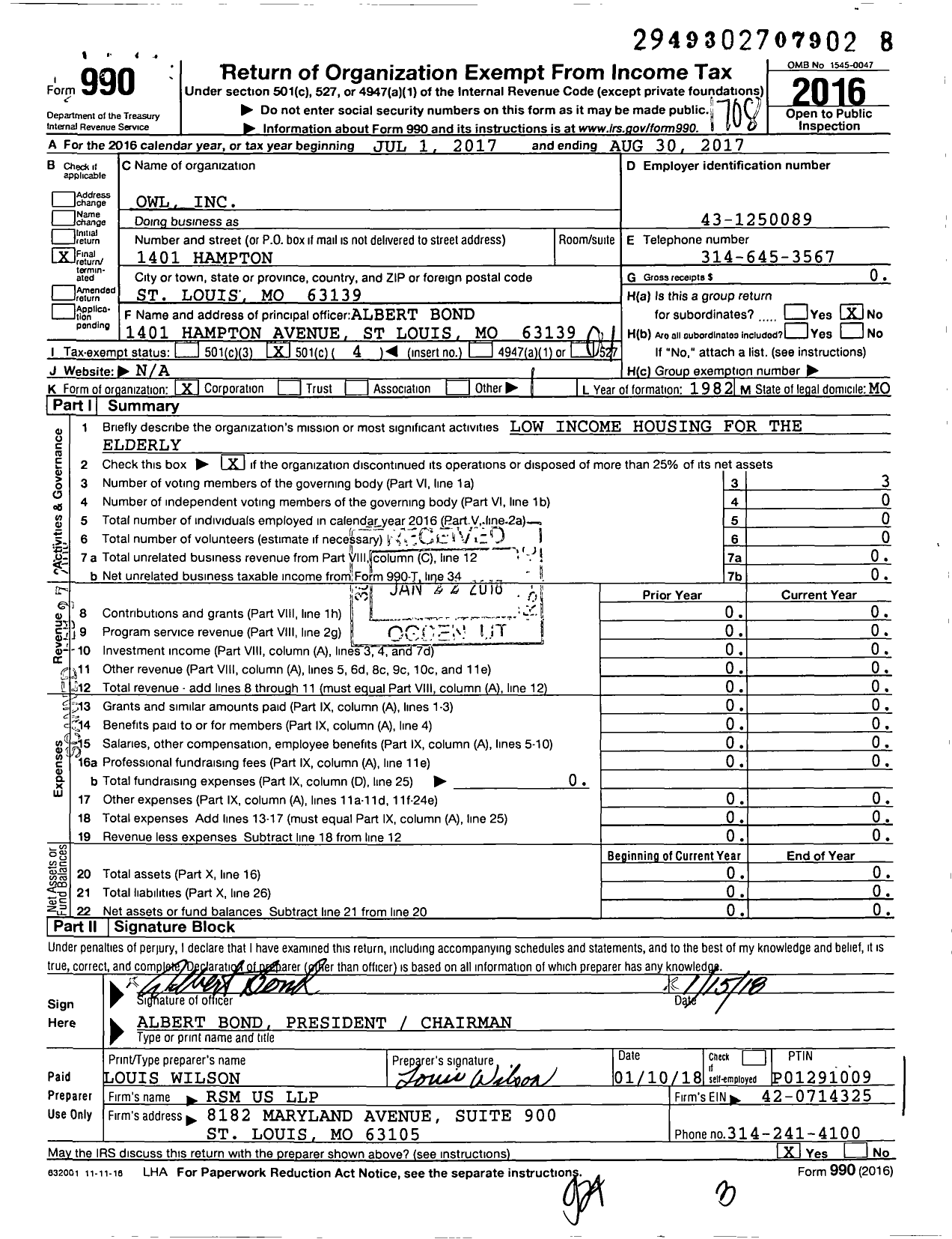 Image of first page of 2016 Form 990O for Owl