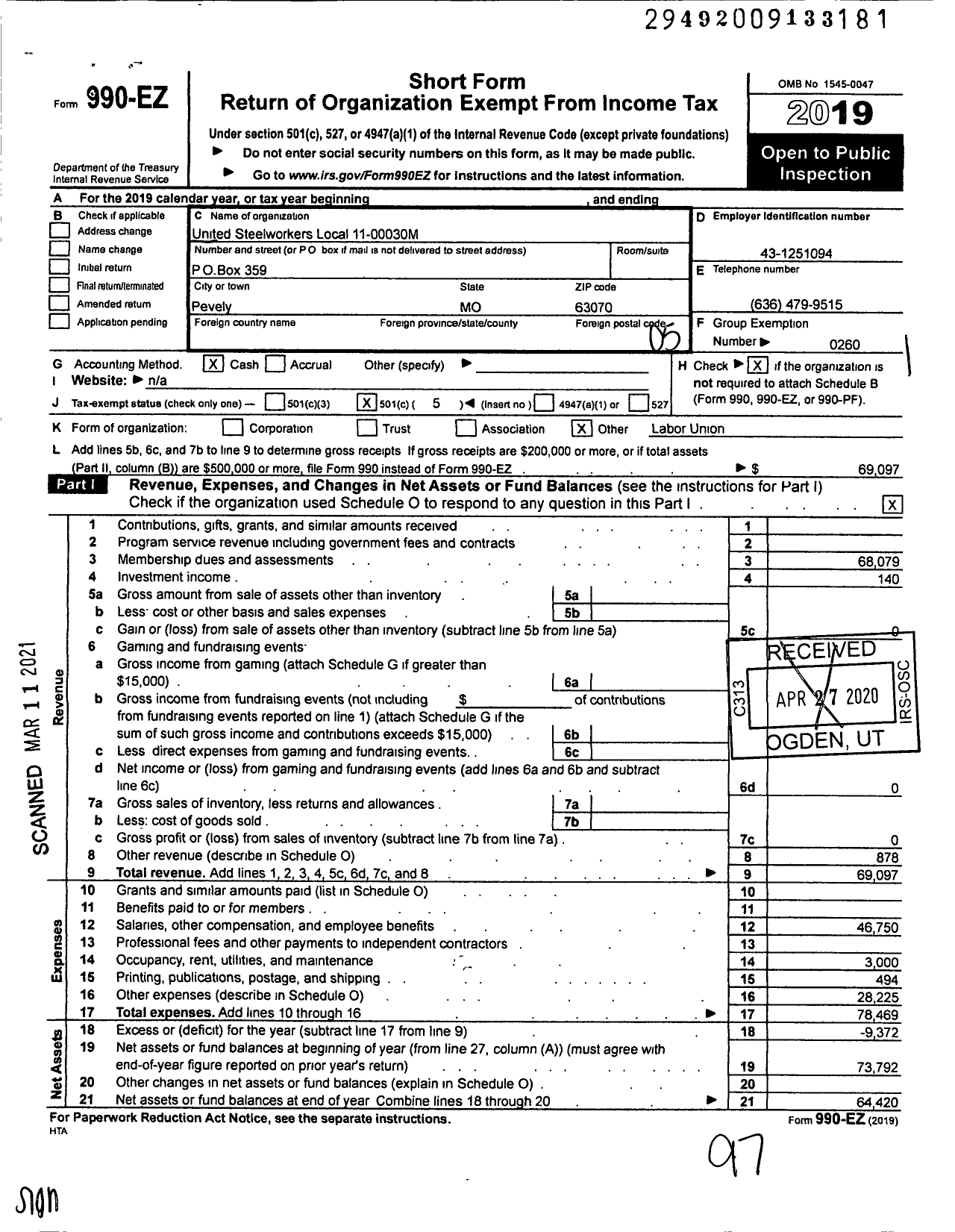 Image of first page of 2019 Form 990EO for United Steelworkers - 00030M Local