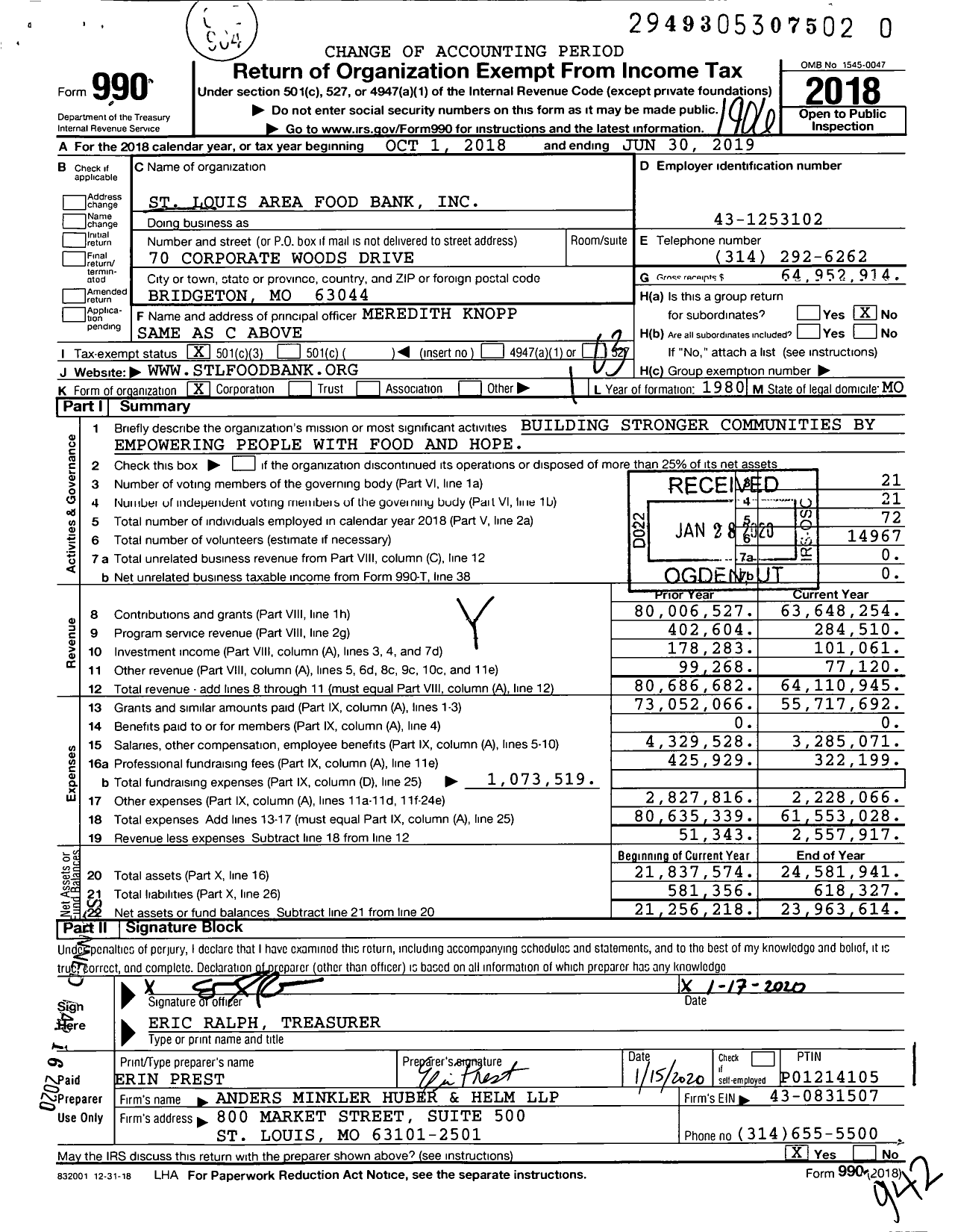 Image of first page of 2018 Form 990 for St. Louis Area Food Bank (SLAFB)