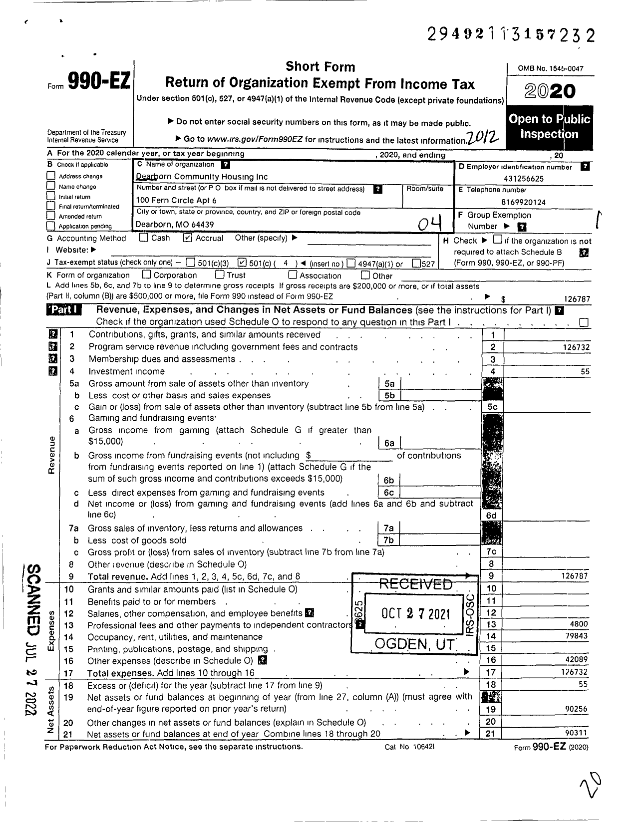 Image of first page of 2020 Form 990EO for Dearborn Community Housing