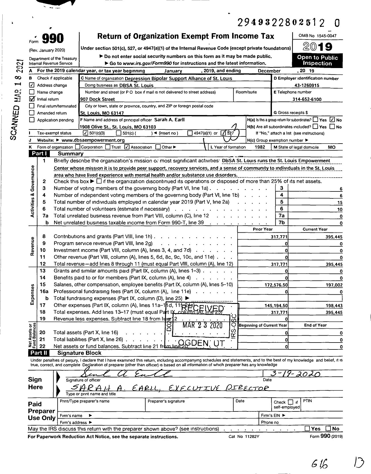 Image of first page of 2019 Form 990 for DBSA St Louis Empowerment Center