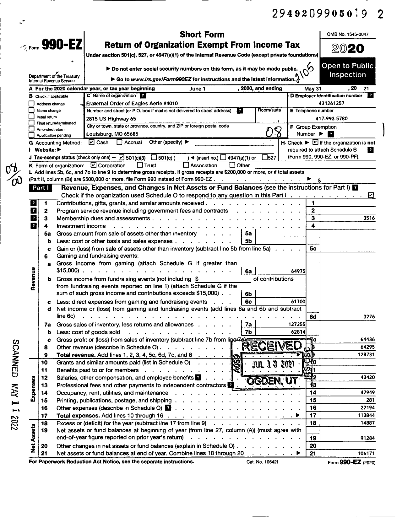 Image of first page of 2020 Form 990EO for Fraternal Order of Eagles - 4010 Aerie