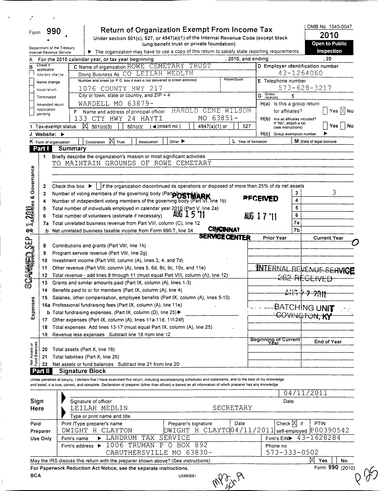 Image of first page of 2010 Form 990 for Rowe Cemetery Trust