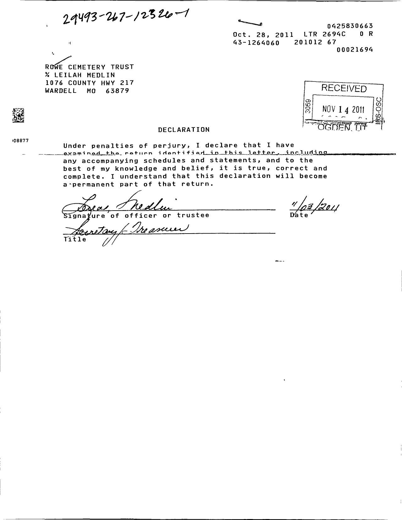 Image of first page of 2010 Form 990R for Rowe Cemetery Trust
