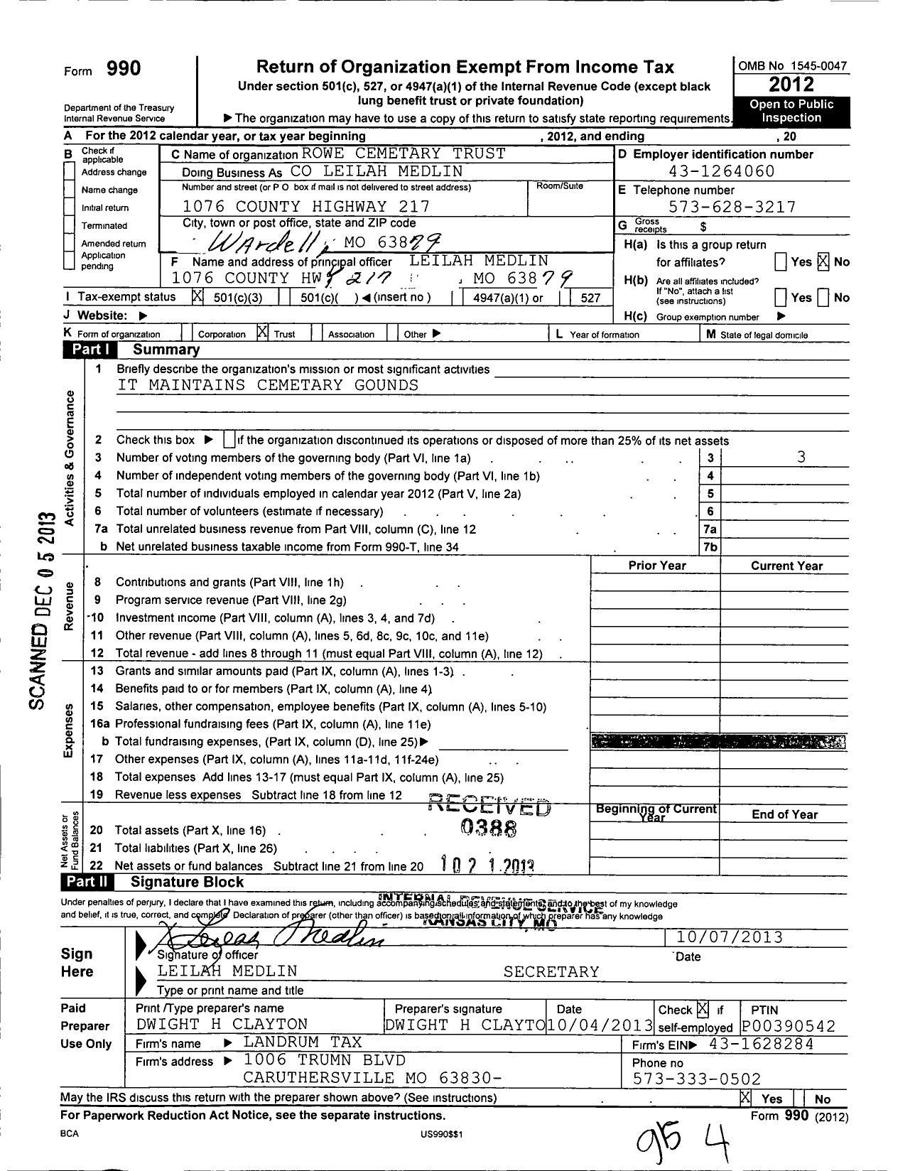 Image of first page of 2012 Form 990 for Rowe Cemetery Trust
