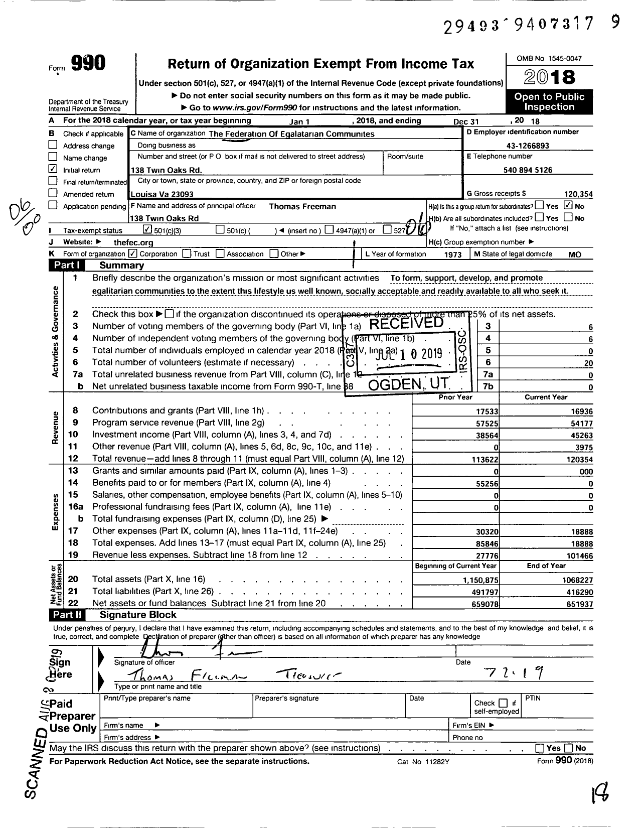 Image of first page of 2018 Form 990O for Federation of Egalatarian Communities