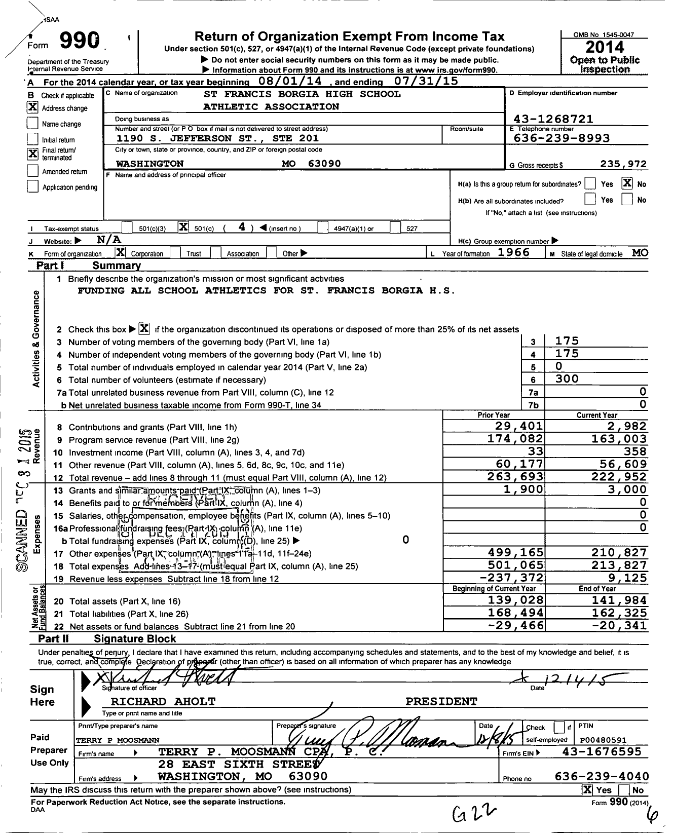Image of first page of 2014 Form 990O for St Francis Borgia High School Athletic Association