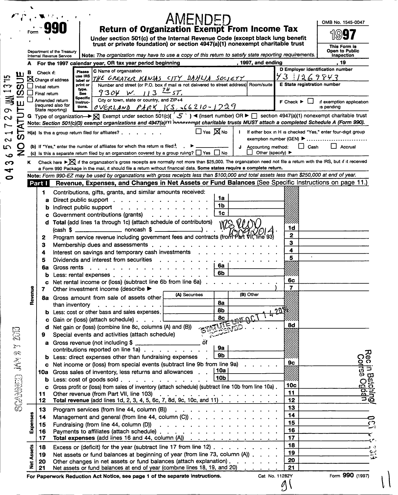 Image of first page of 1997 Form 990O for Greater Kansas City Dahlia Society