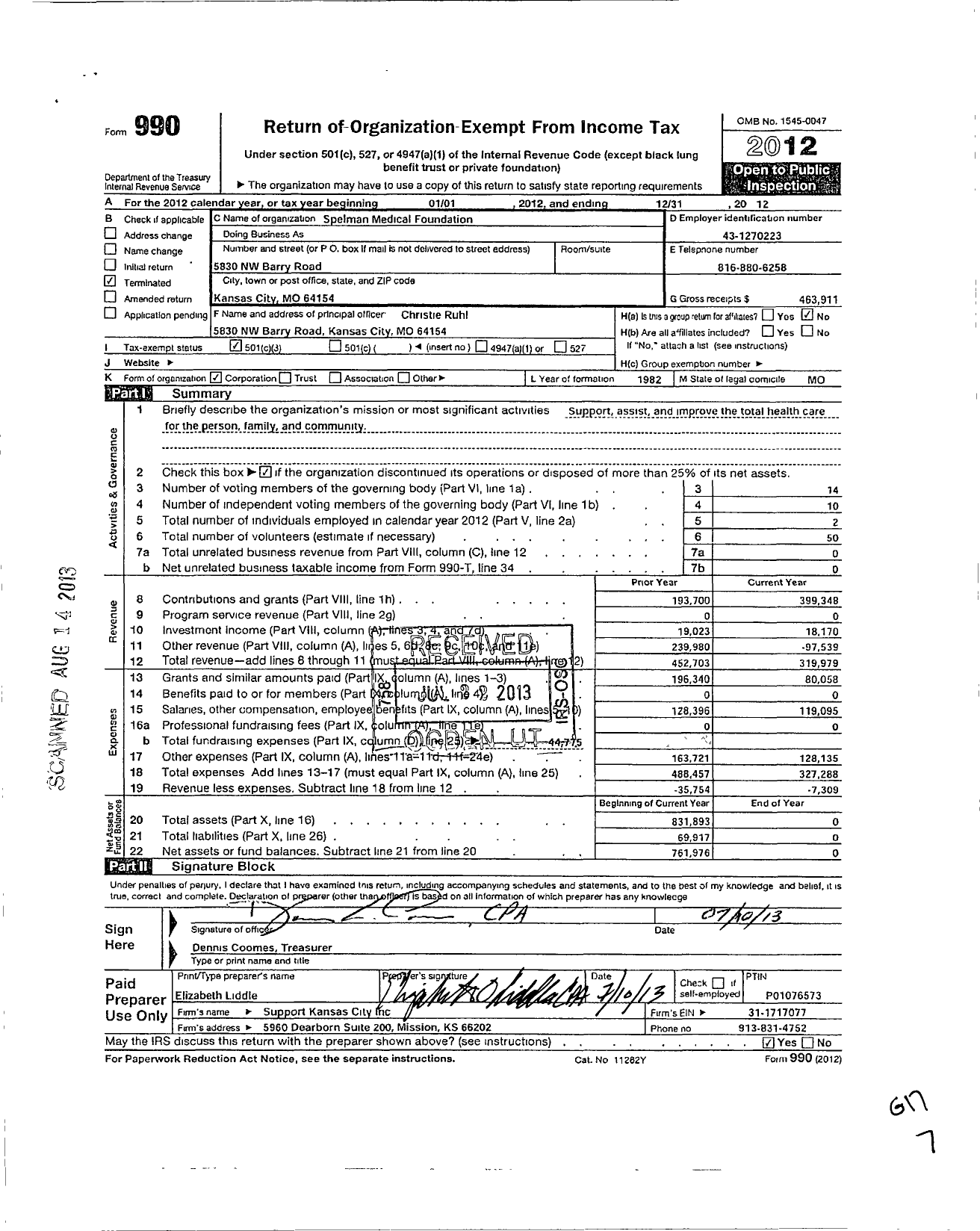 Image of first page of 2012 Form 990 for Spelman Medical Foundation