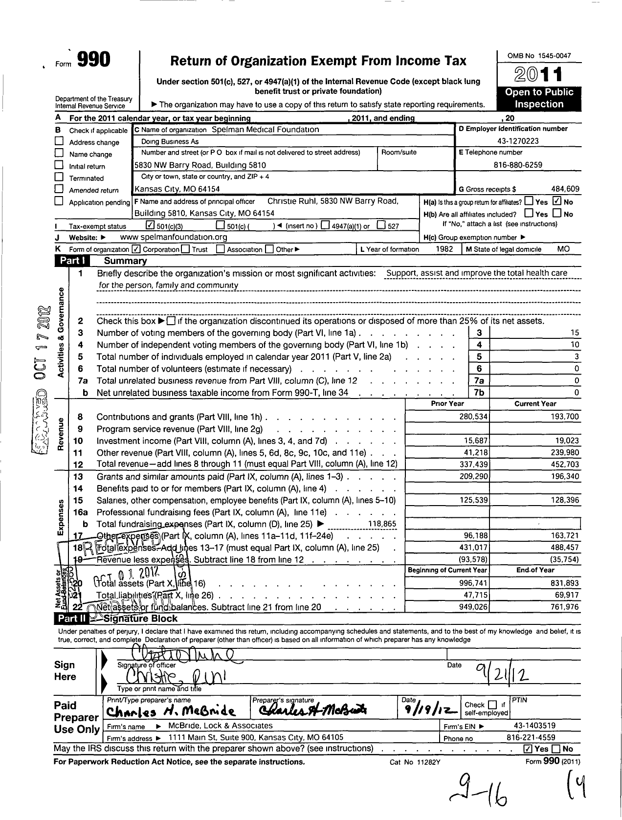 Image of first page of 2011 Form 990 for Spelman Medical Foundation