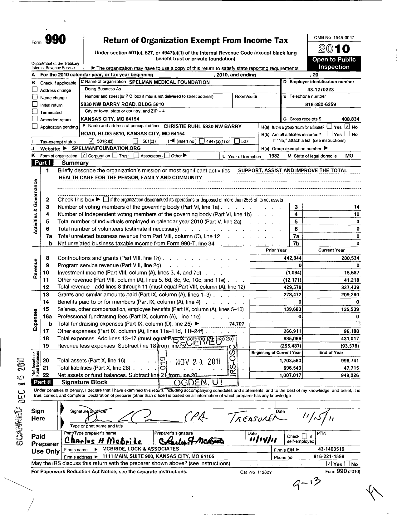 Image of first page of 2010 Form 990 for Spelman Medical Foundation