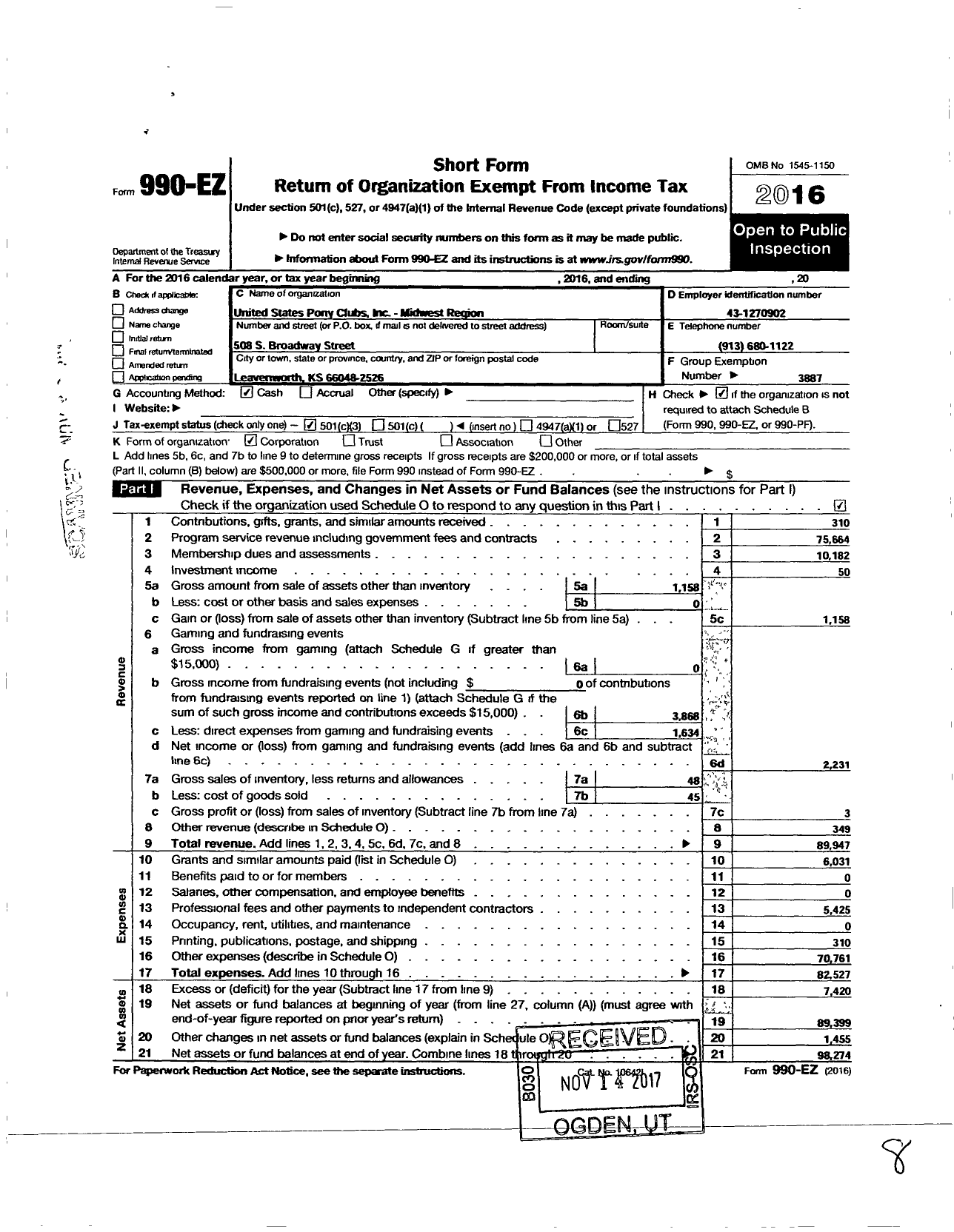 Image of first page of 2016 Form 990EZ for United States Pony Clubs - Midwest Region