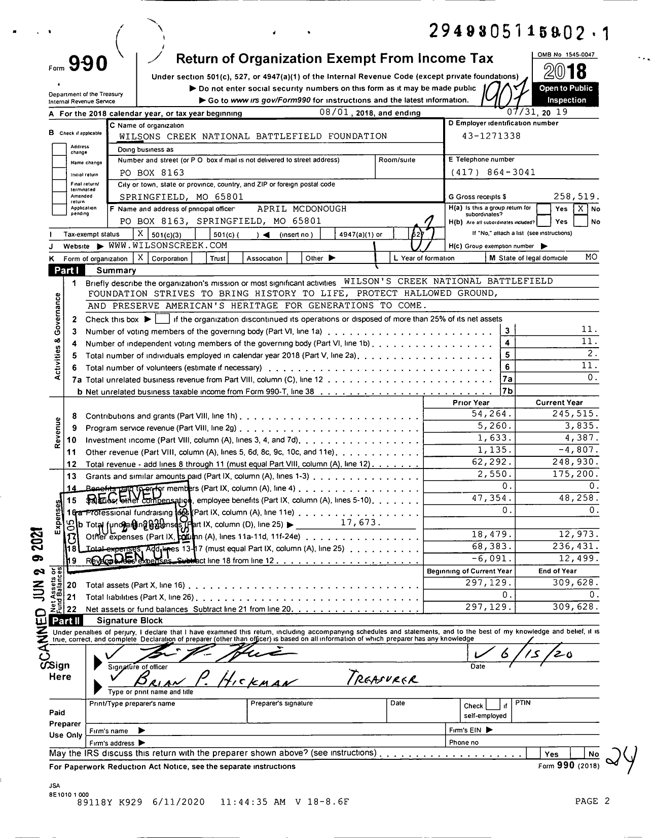 Image of first page of 2018 Form 990 for Wilsons Creek National Battlefield Foundation