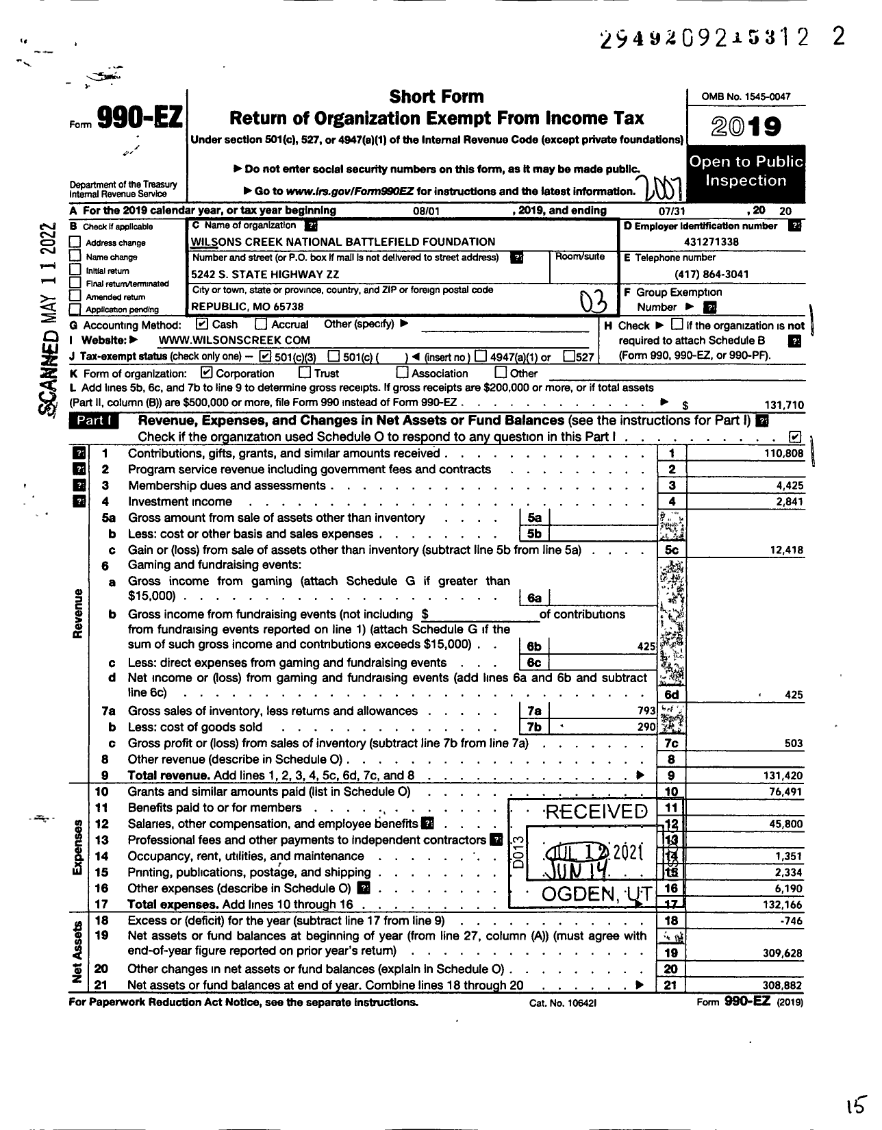 Image of first page of 2019 Form 990EZ for Wilsons Creek National Battlefield Foundation