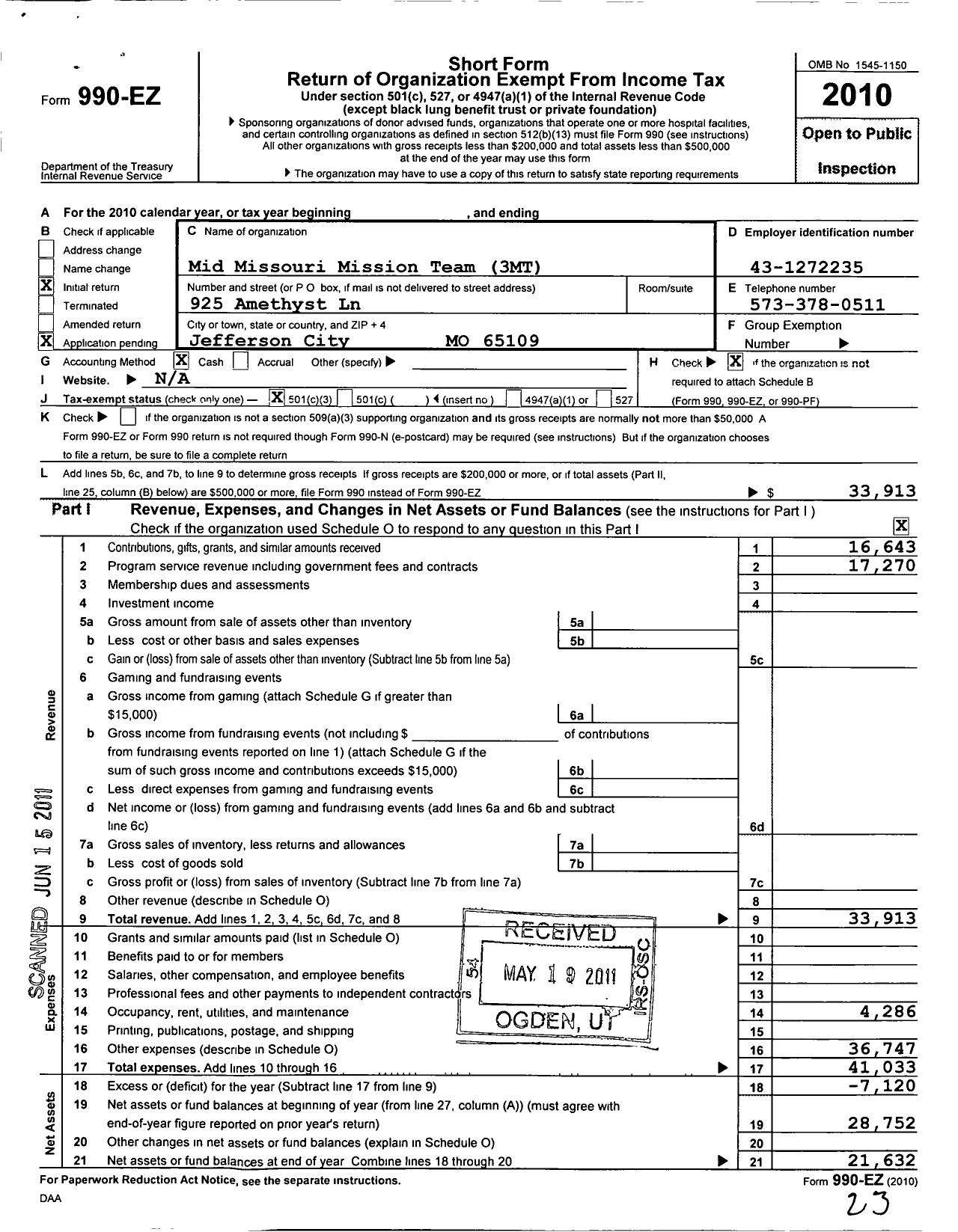 Image of first page of 2010 Form 990EZ for Mid Missouri Mission Team 3mt