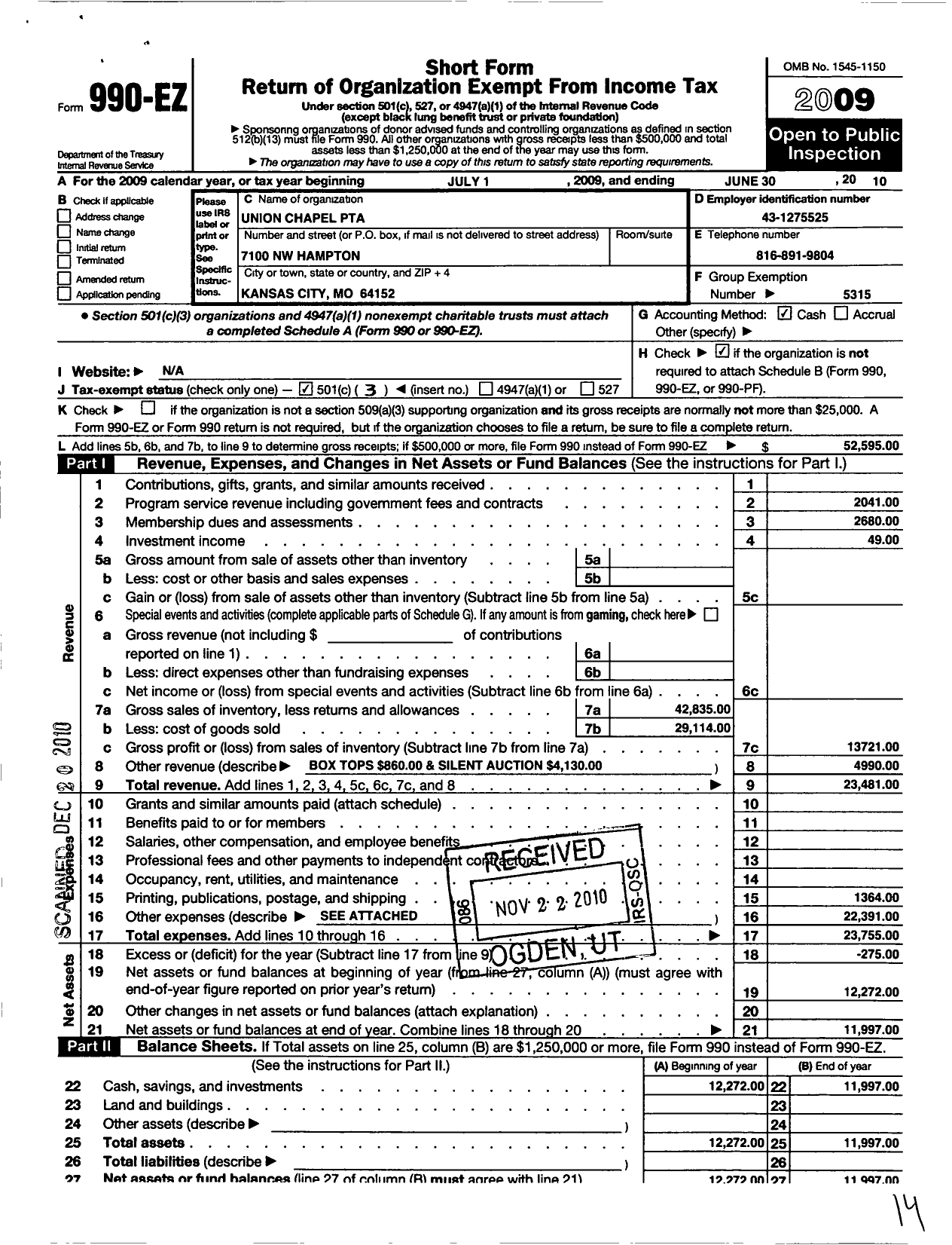 Image of first page of 2009 Form 990EZ for PTA Missouri Congress / Union Chapel Elementary PTA