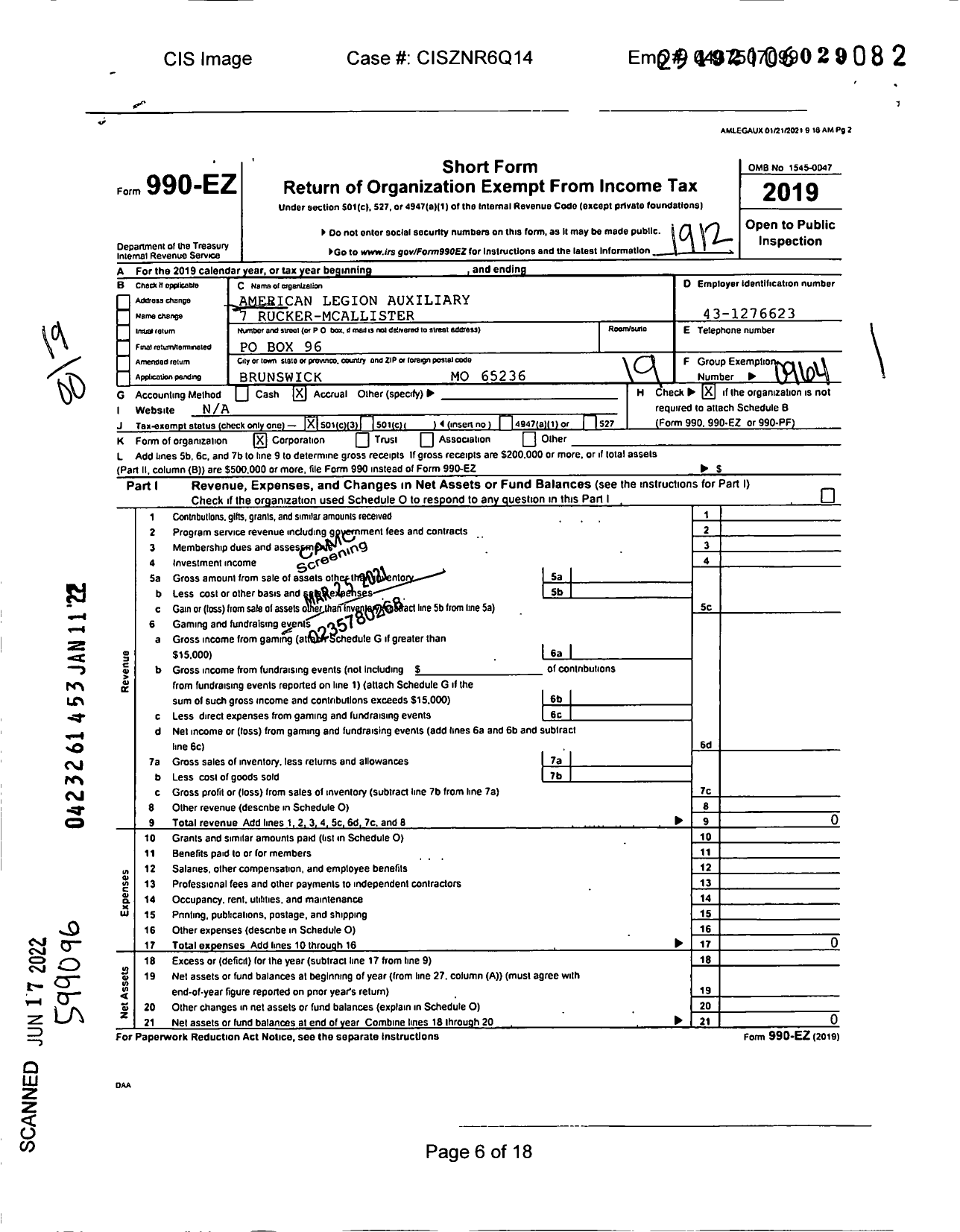 Image of first page of 2019 Form 990EO for American Legion Auxiliary - 7 Rucker-Mcallister