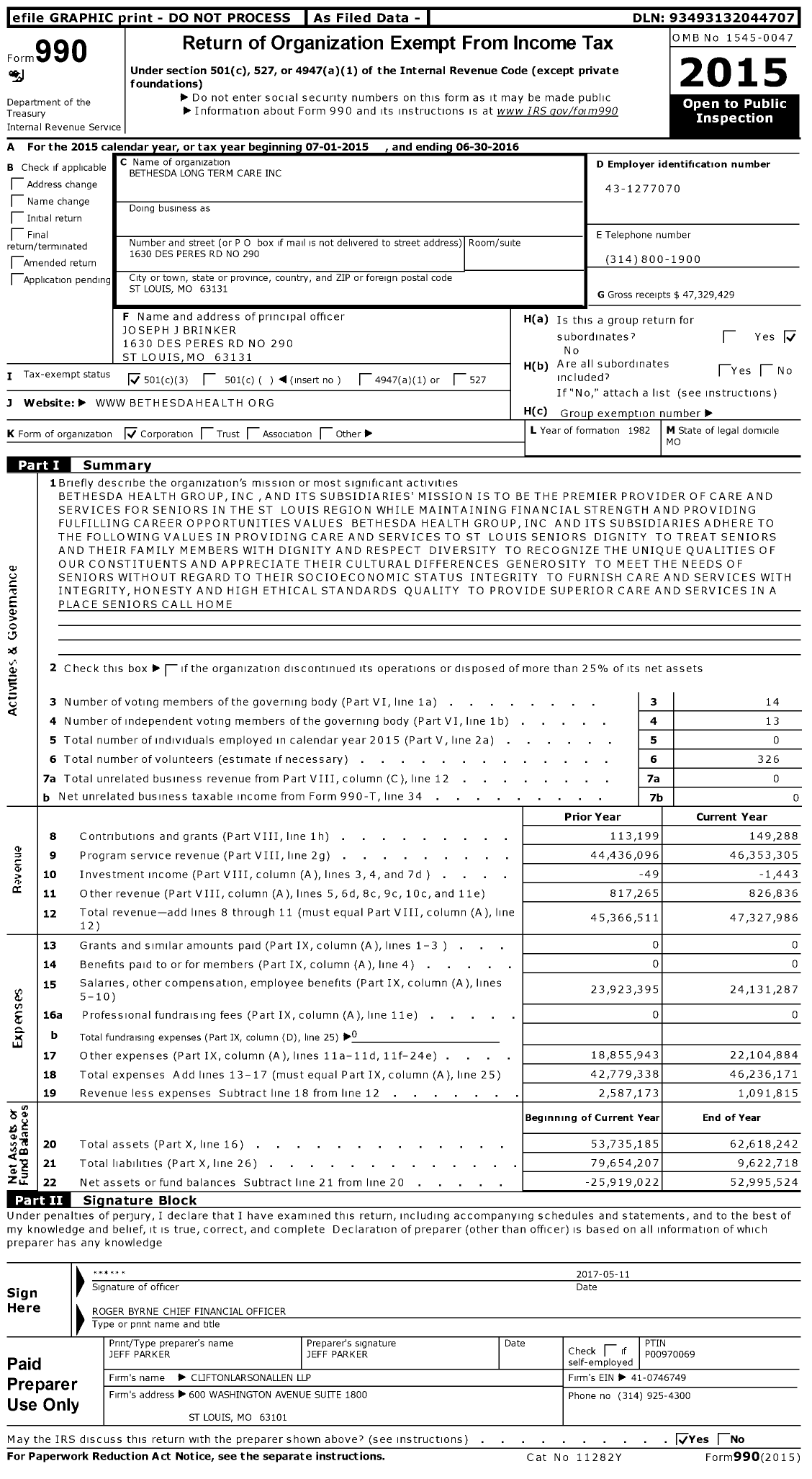 Image of first page of 2015 Form 990 for Bethesda Long Term Care
