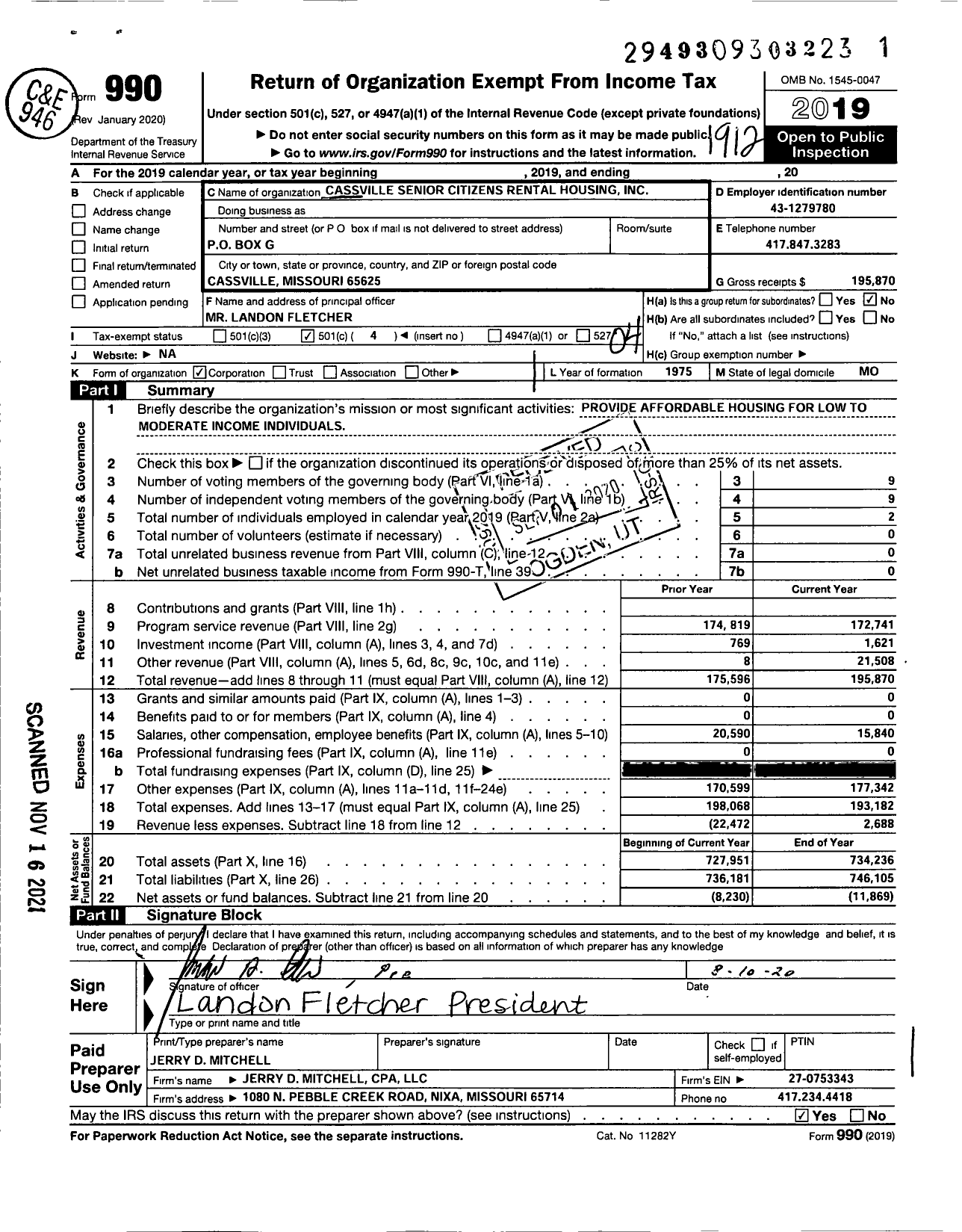 Image of first page of 2019 Form 990O for Cassville Senior Citizens Rental Housing