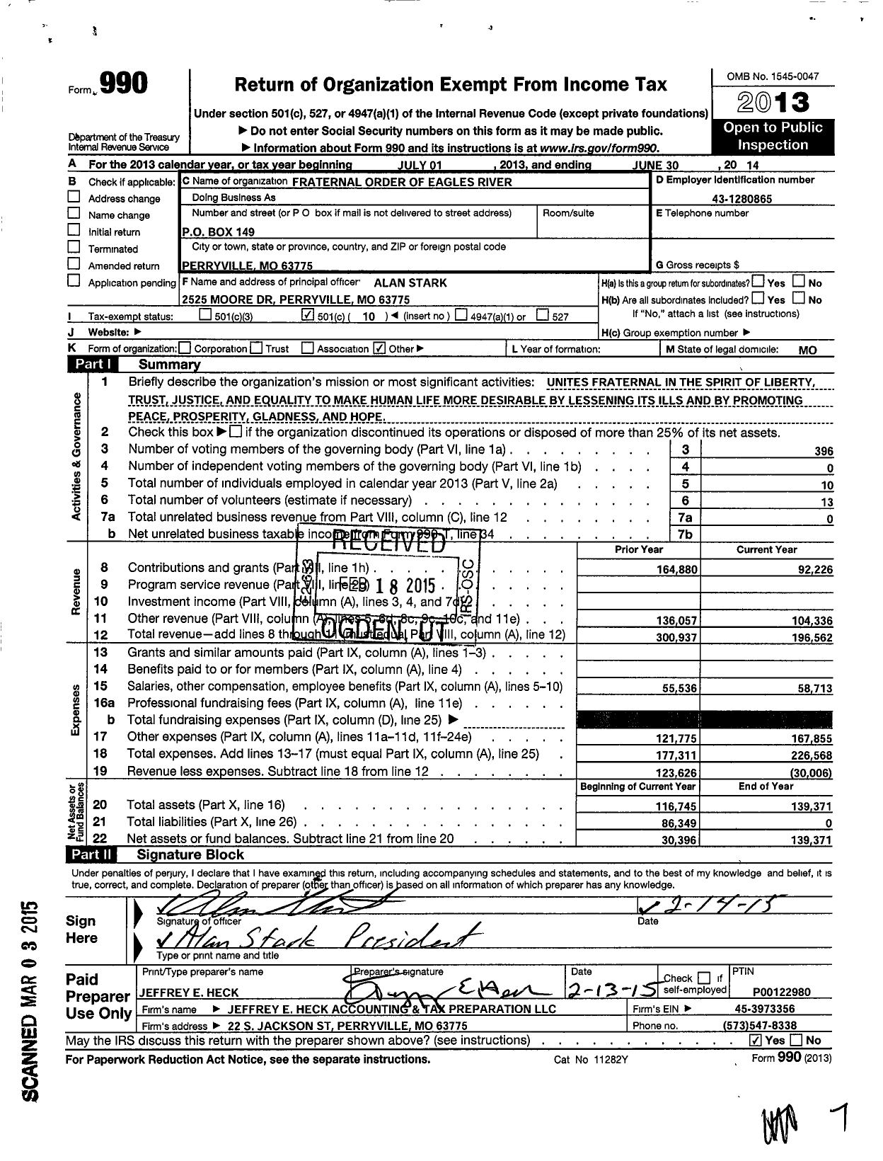 Image of first page of 2013 Form 990O for Fraternal Order of Eagles - 4034 Aerie