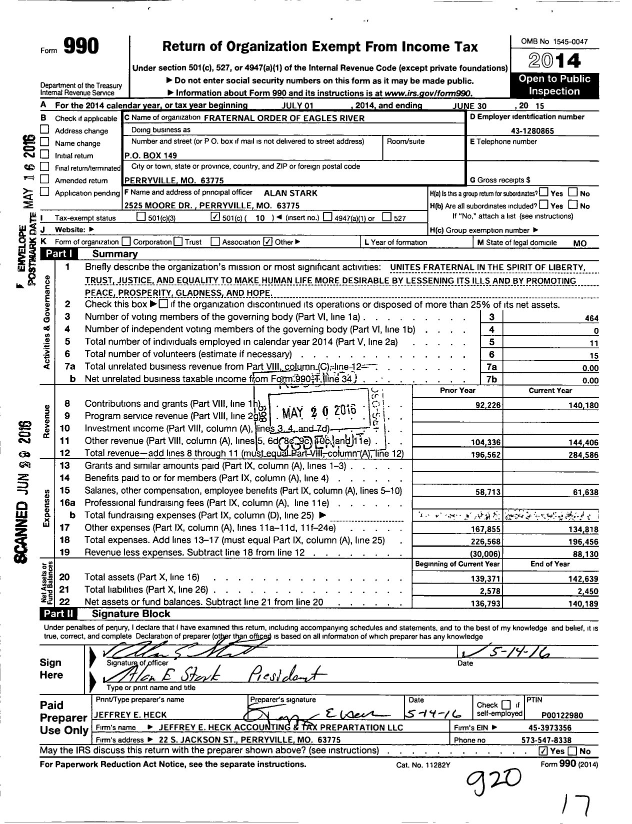 Image of first page of 2014 Form 990O for Fraternal Order of Eagles - 4034 Aerie