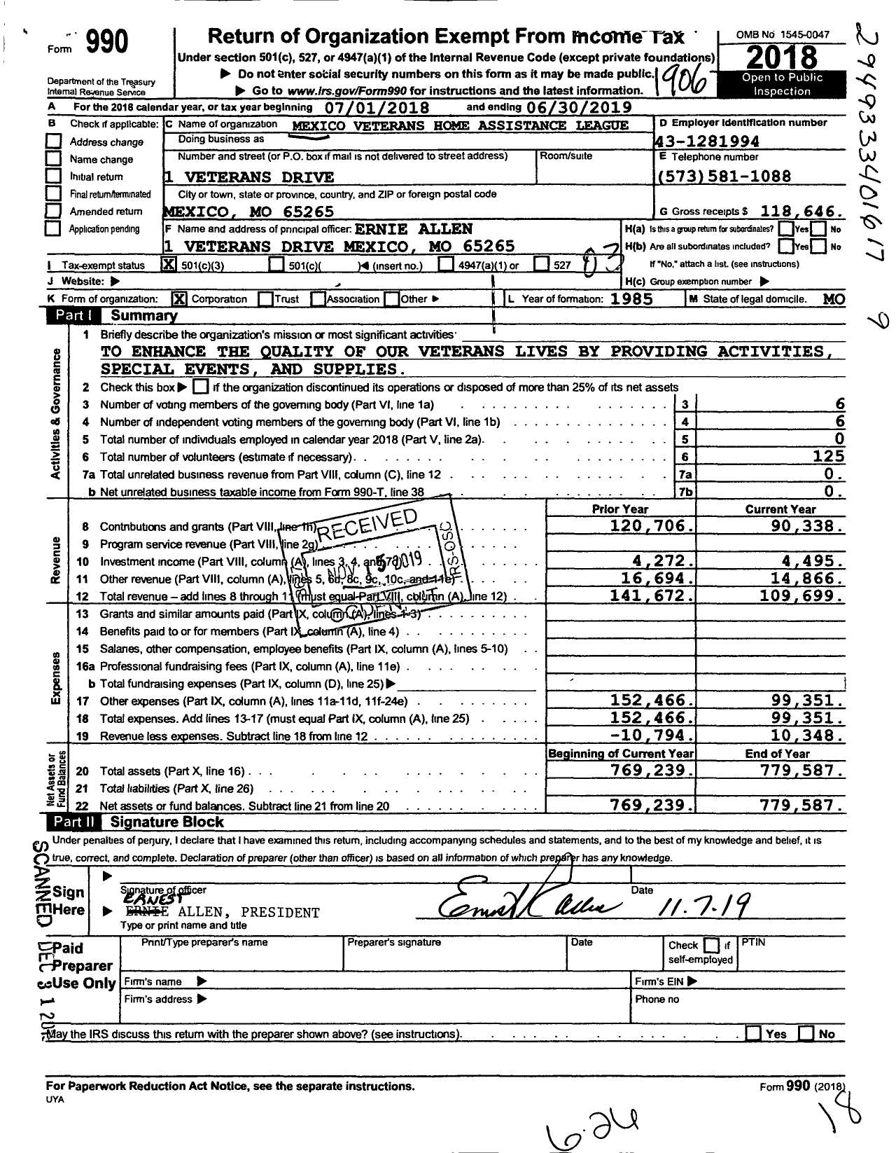 Image of first page of 2018 Form 990 for Mexico Veterans Home Assistance League