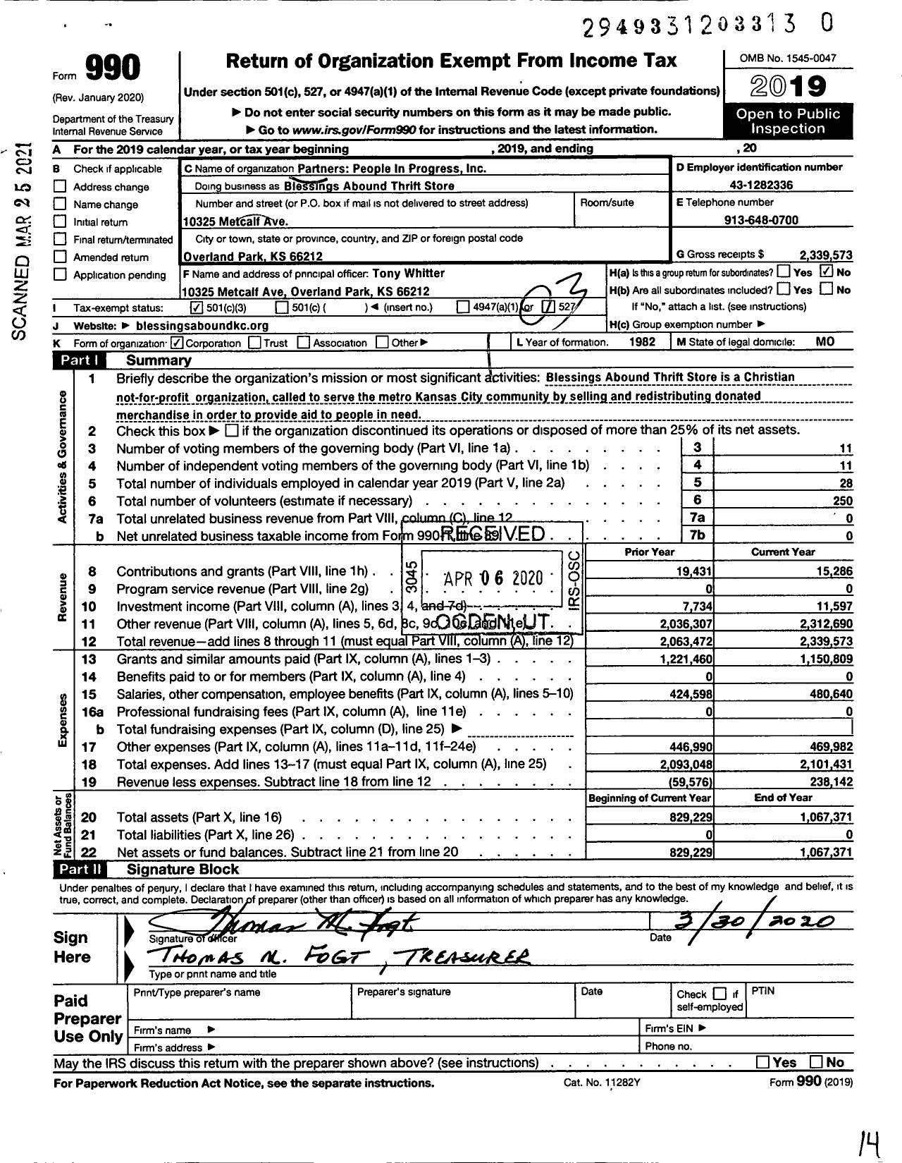 Image of first page of 2019 Form 990 for Blessings Abound Thrift Store