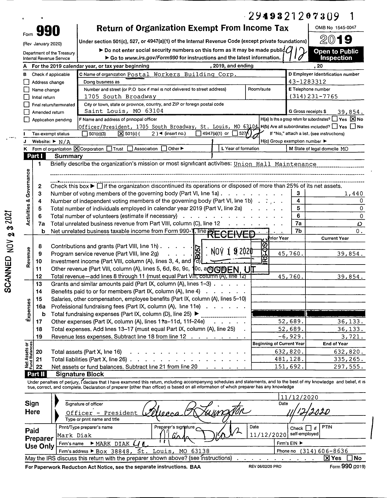 Image of first page of 2019 Form 990O for Postal Workers Building Corporation