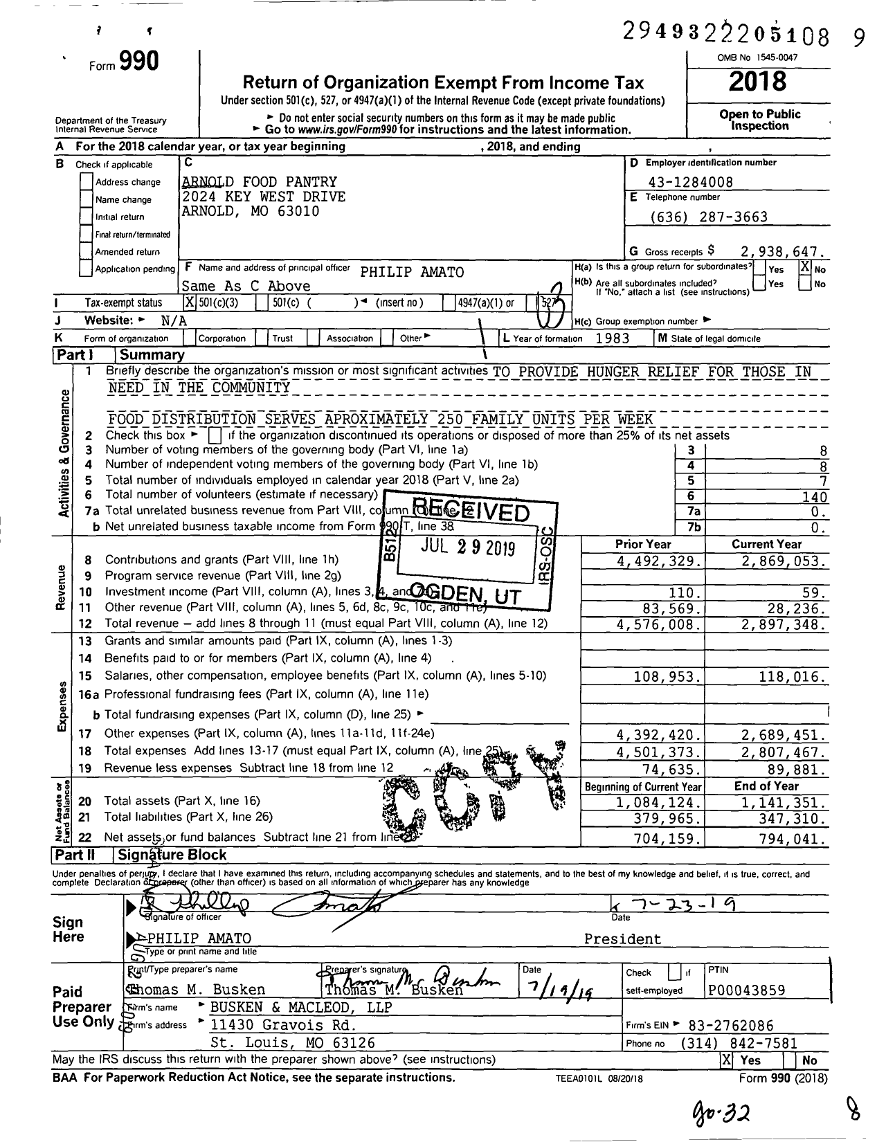 Image of first page of 2018 Form 990 for Arnold Food Pantry