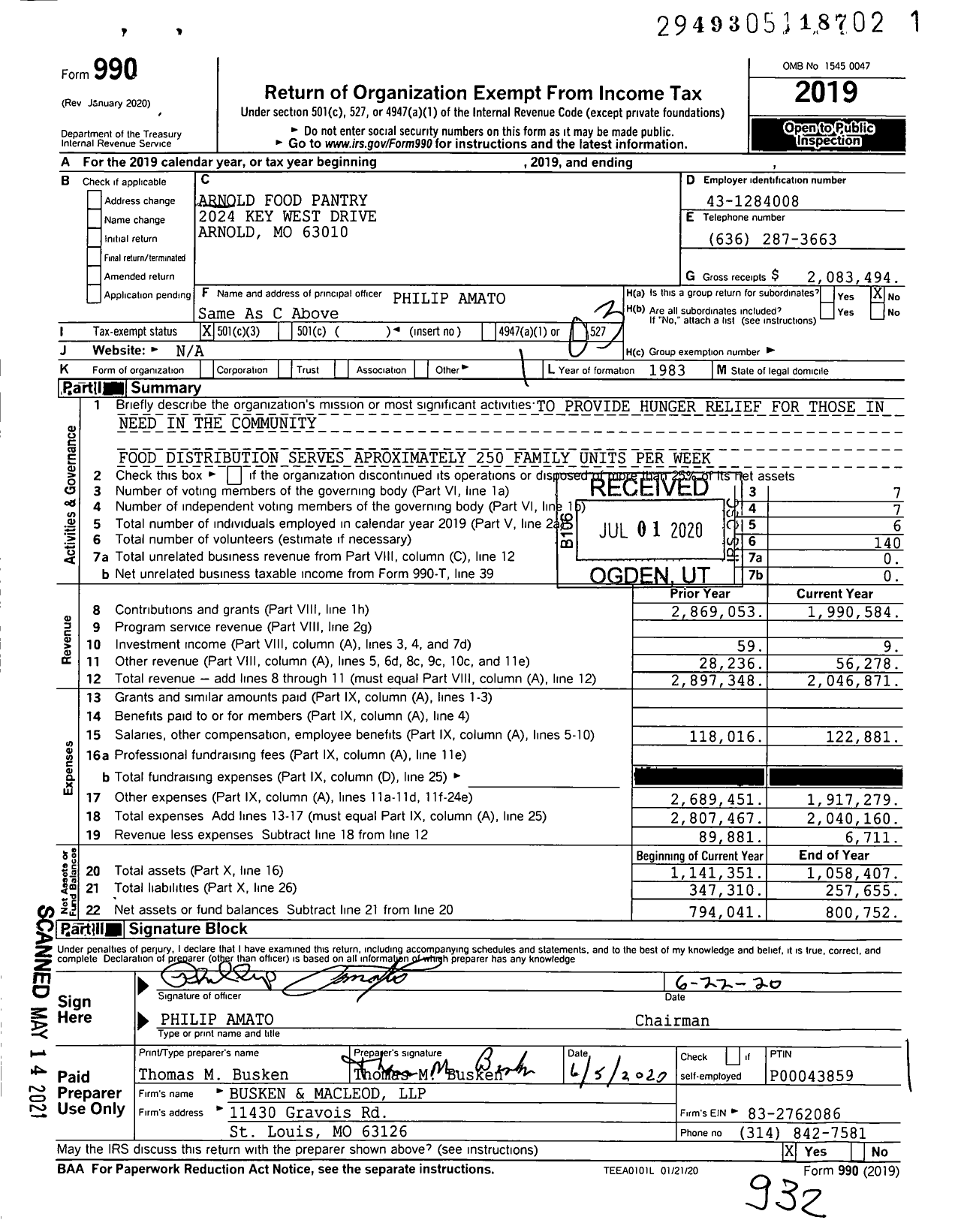 Image of first page of 2019 Form 990 for Arnold Food Pantry