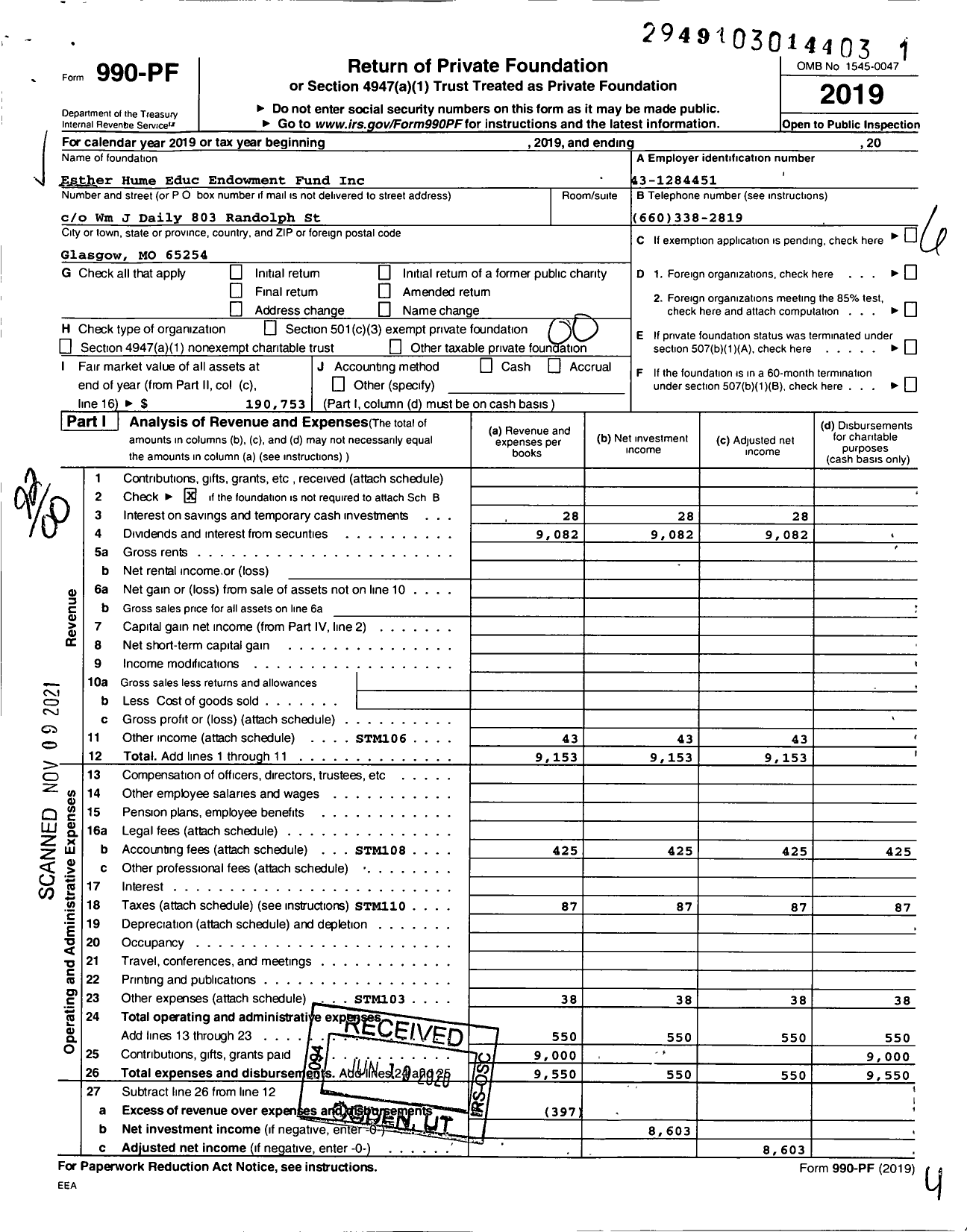 Image of first page of 2019 Form 990PF for Esther Hume Educational Endowment Fund