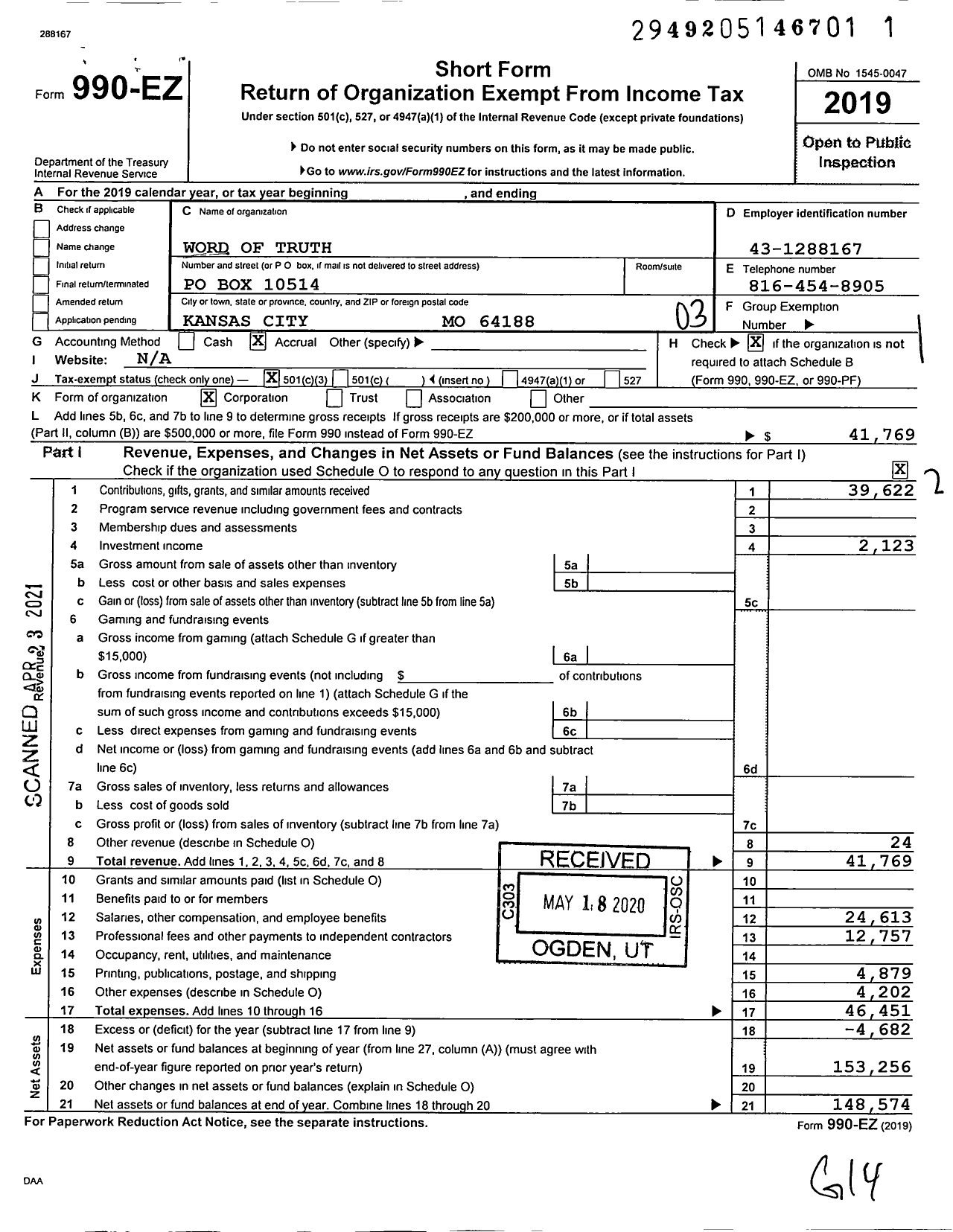 Image of first page of 2019 Form 990EZ for Word of Truth