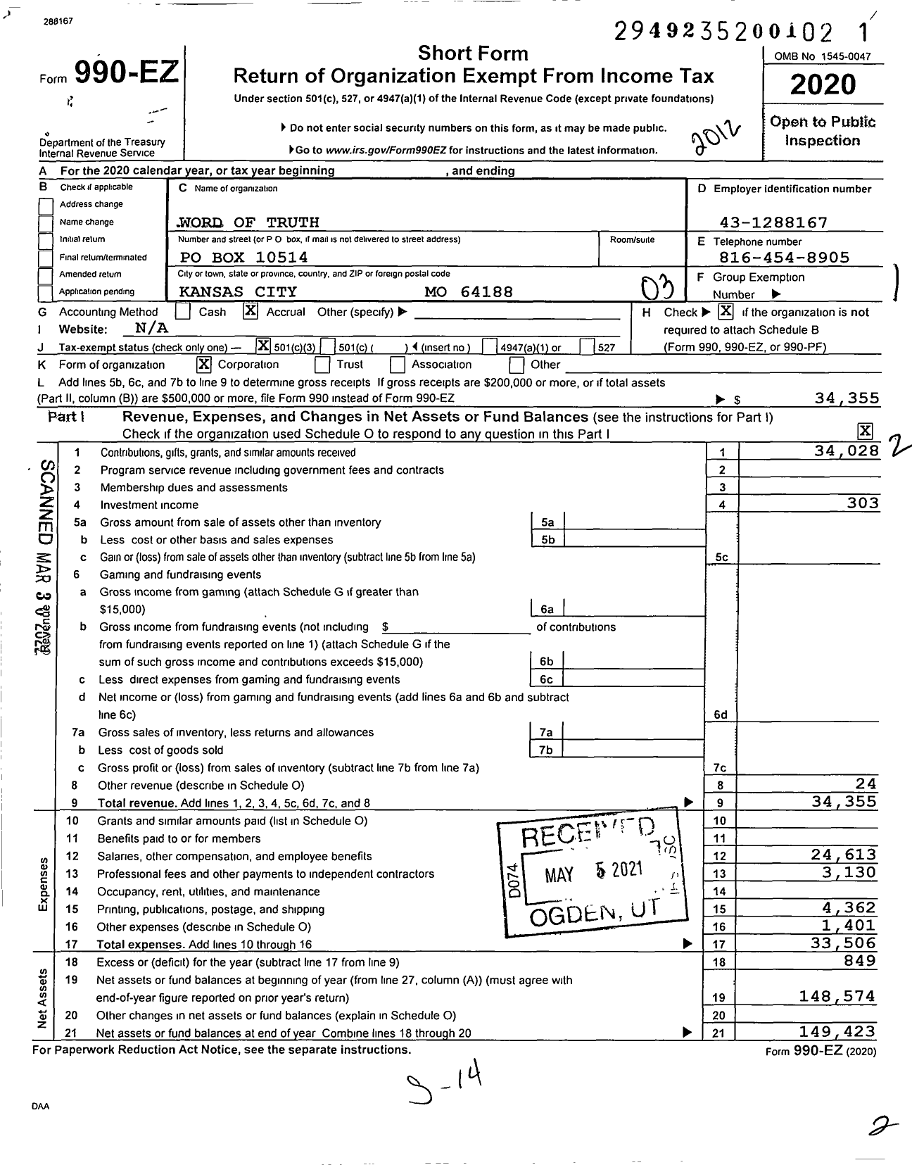 Image of first page of 2020 Form 990EZ for Word of Truth