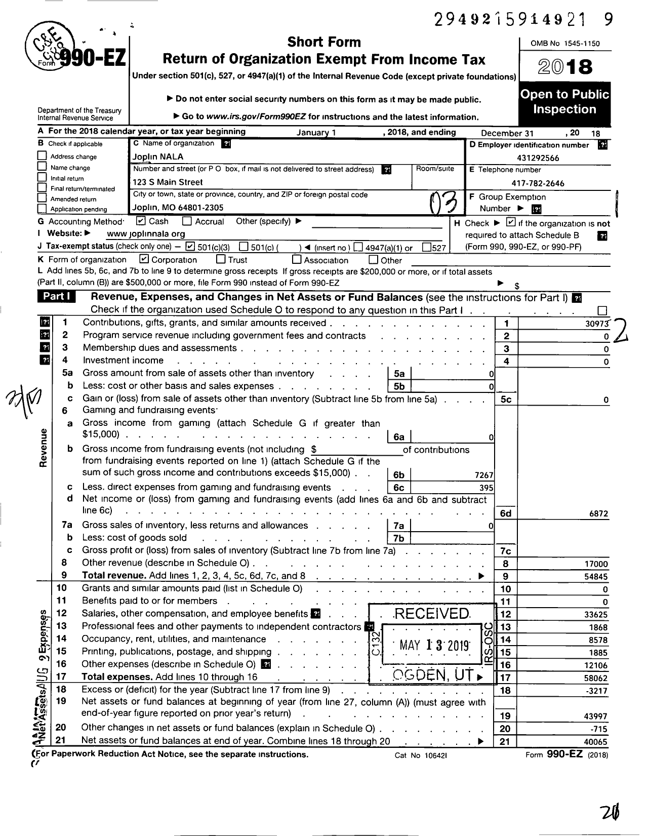 Image of first page of 2018 Form 990EZ for Joplin Nala