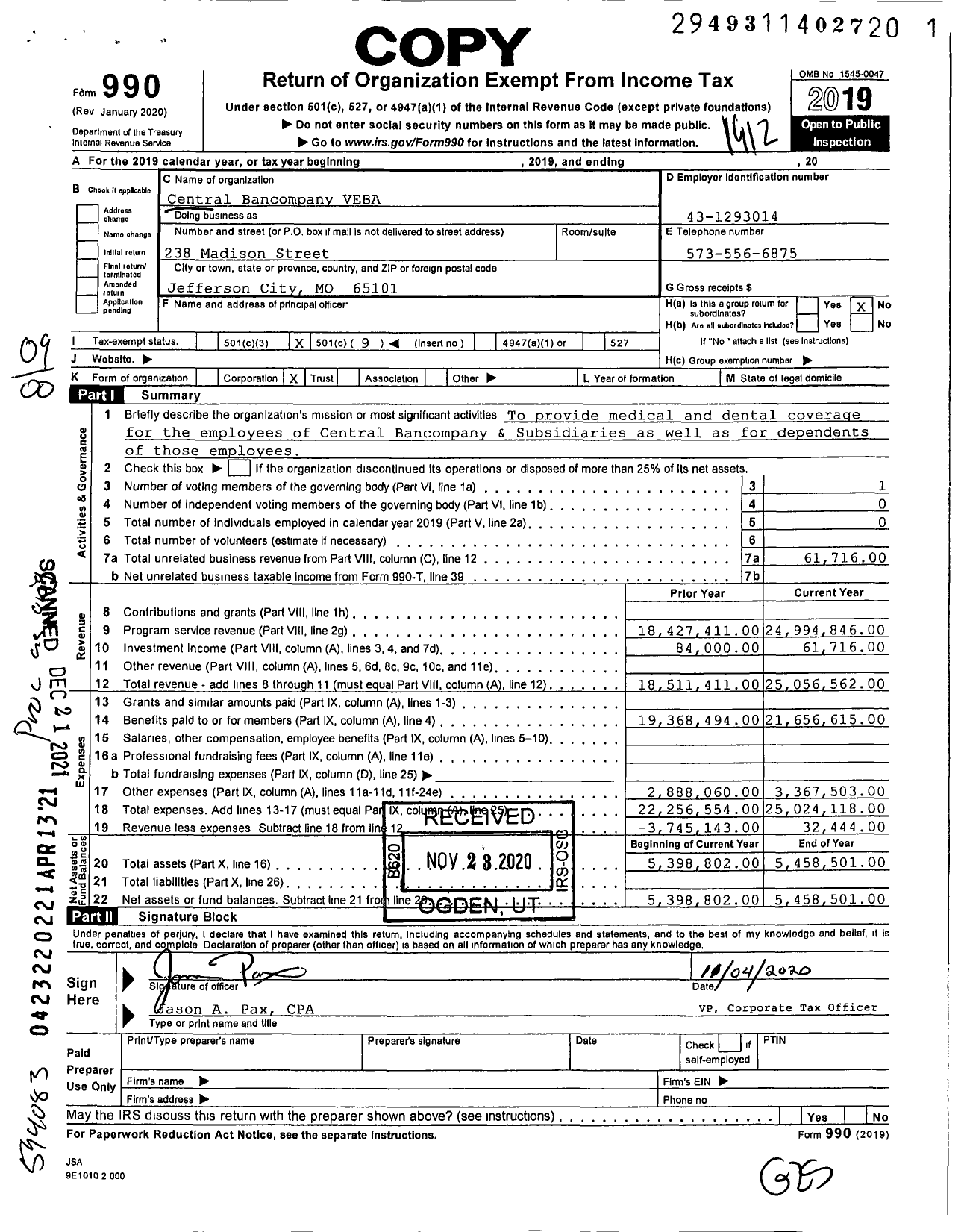 Image of first page of 2019 Form 990O for Central Bancompany Voluntary Employees Beneficiary Association