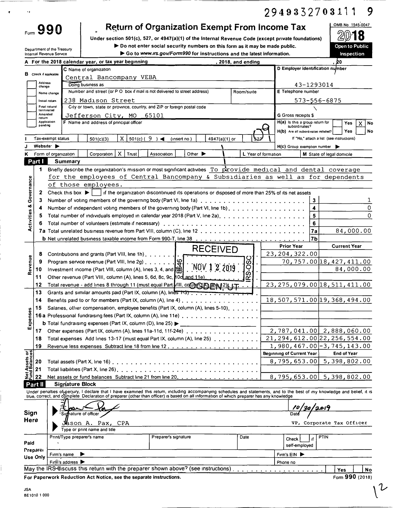 Image of first page of 2018 Form 990O for Central Bancompany Voluntary Employees Beneficiary Association