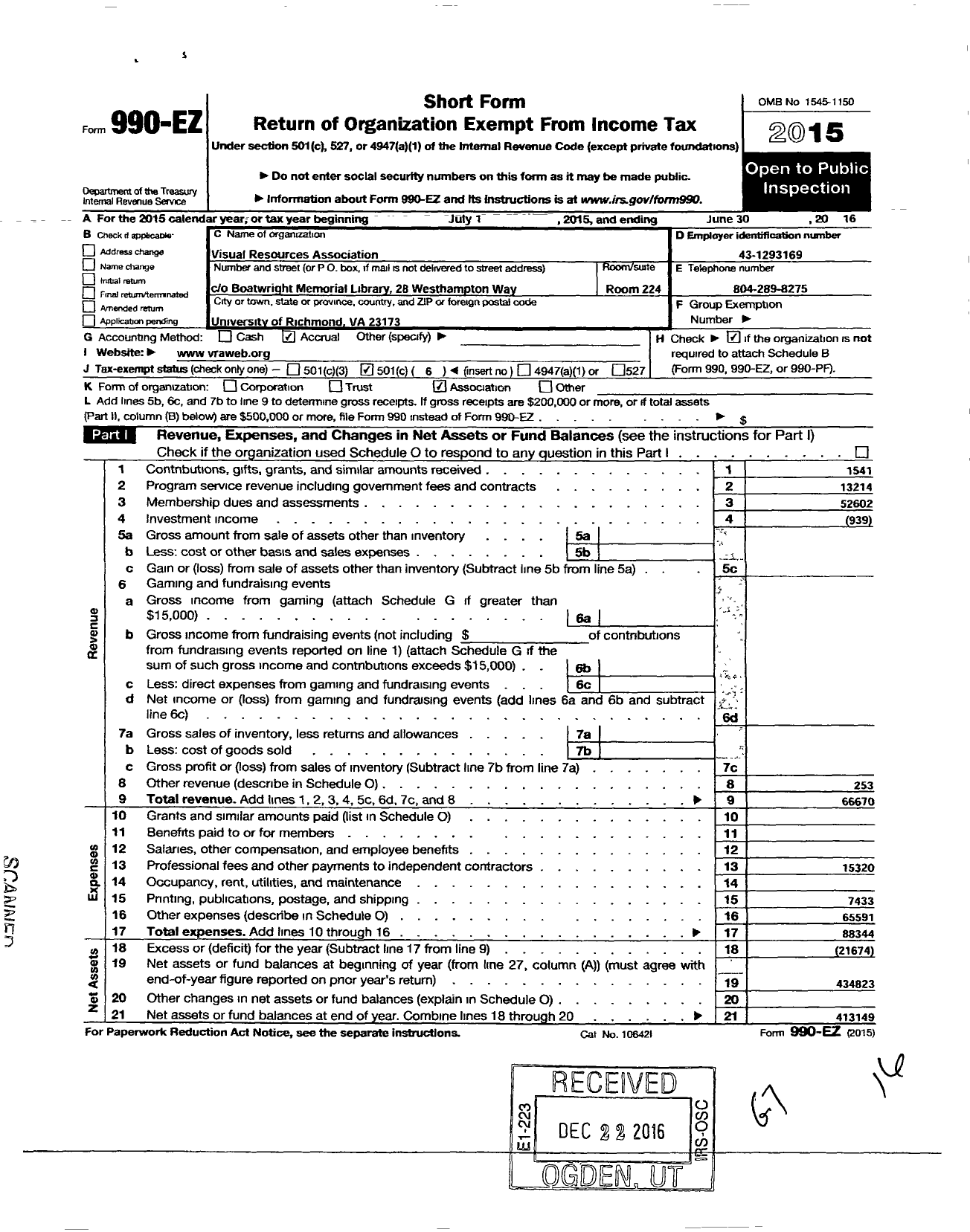 Image of first page of 2015 Form 990EO for Visual Resources Association