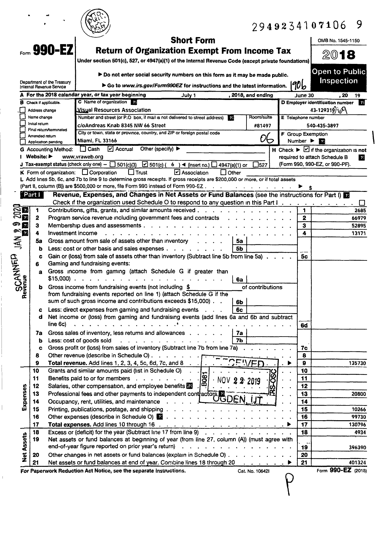 Image of first page of 2018 Form 990EO for Visual Resources Association