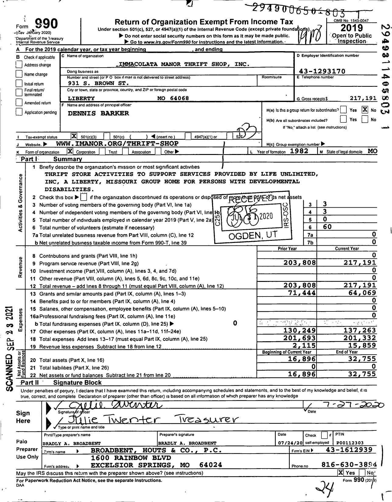 Image of first page of 2019 Form 990 for Immacolata Manor Thrift Shop