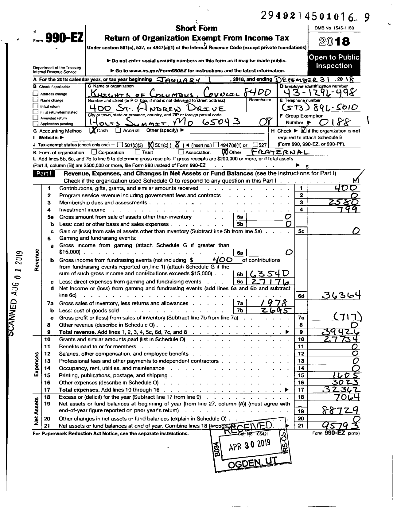 Image of first page of 2018 Form 990EO for Knights of Columbus - 8400 St Andrews