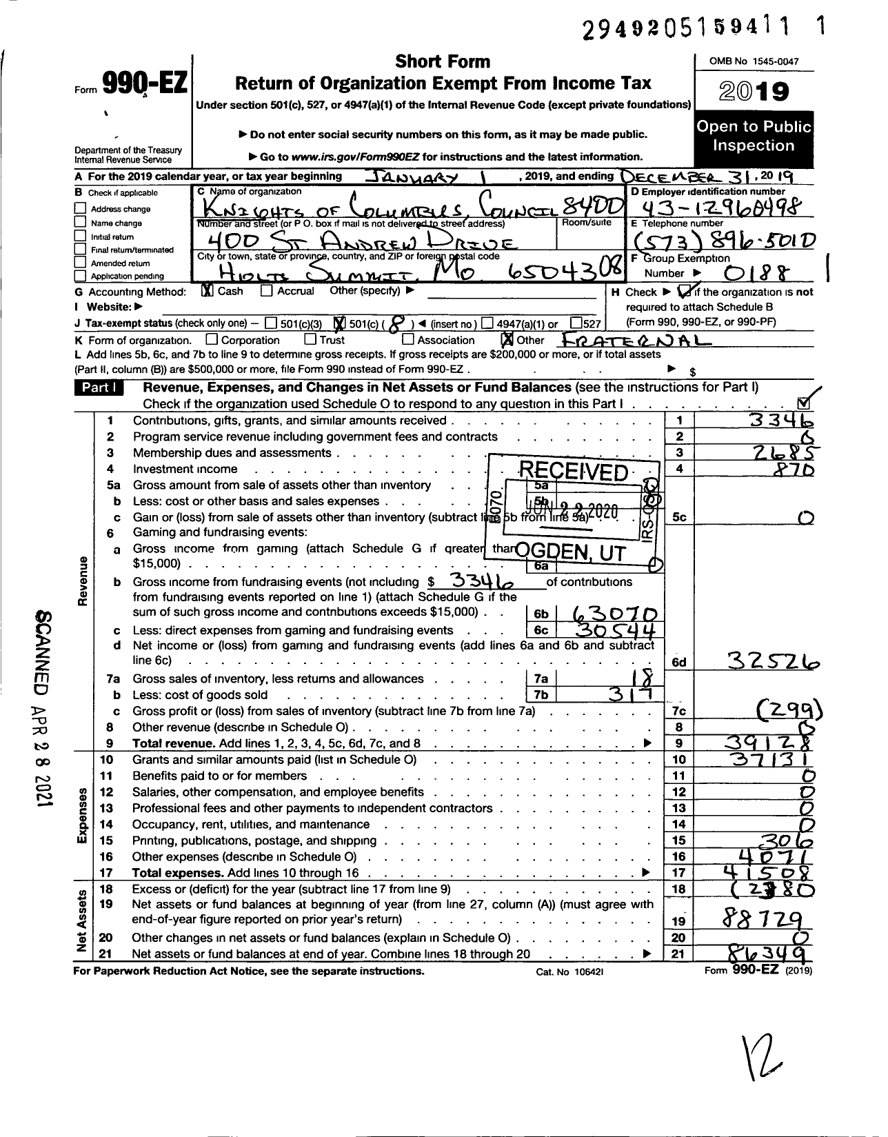 Image of first page of 2019 Form 990EO for Knights of Columbus - 8400 St Andrews