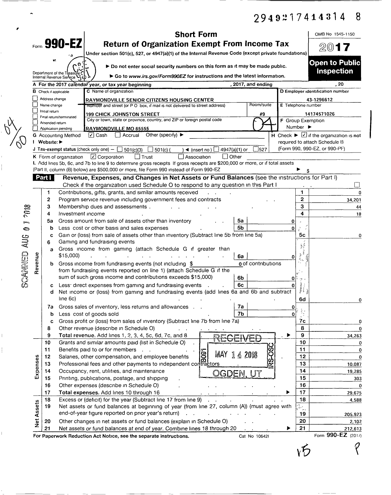 Image of first page of 2017 Form 990EO for Raymondville Senior Citizens Housing Center