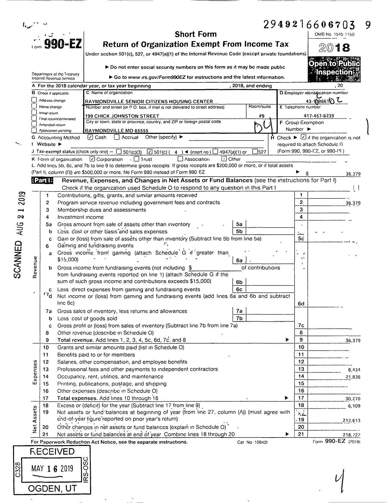 Image of first page of 2018 Form 990EO for Raymondville Senior Citizens Housing Center