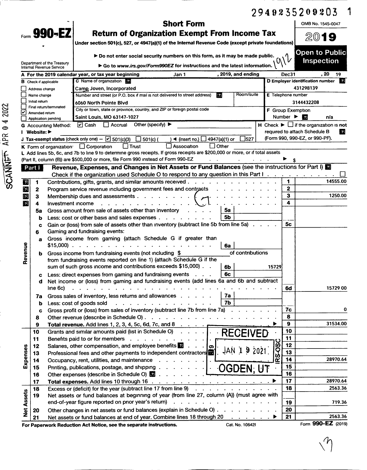 Image of first page of 2019 Form 990EZ for Camp Joven Incorporated