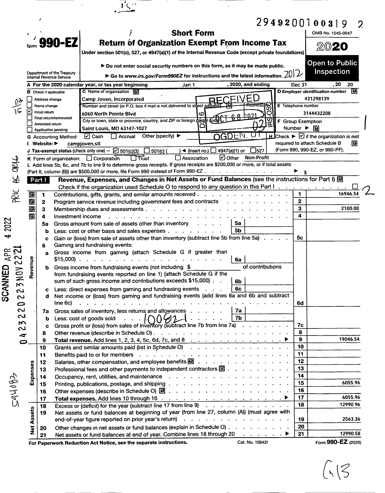 Image of first page of 2020 Form 990EZ for Camp Joven Incorporated