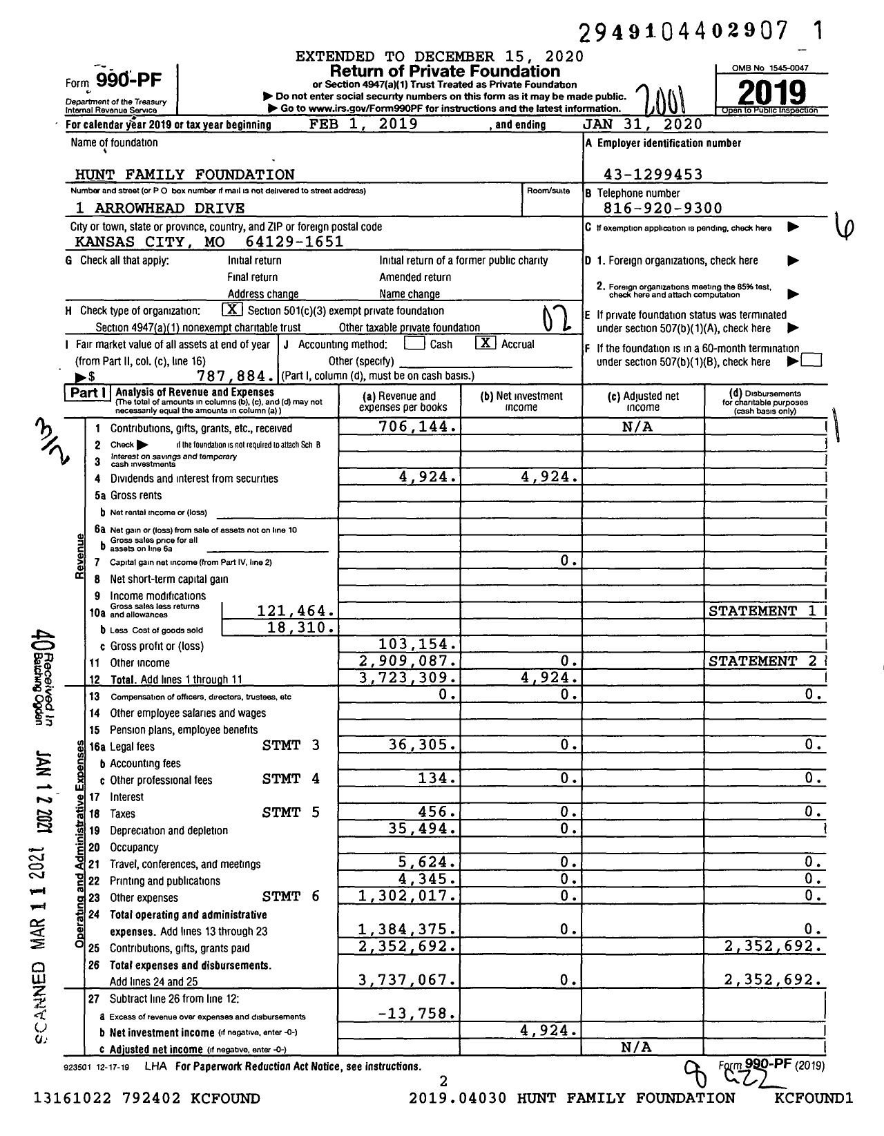 Image of first page of 2019 Form 990PF for Hunt Family Foundation