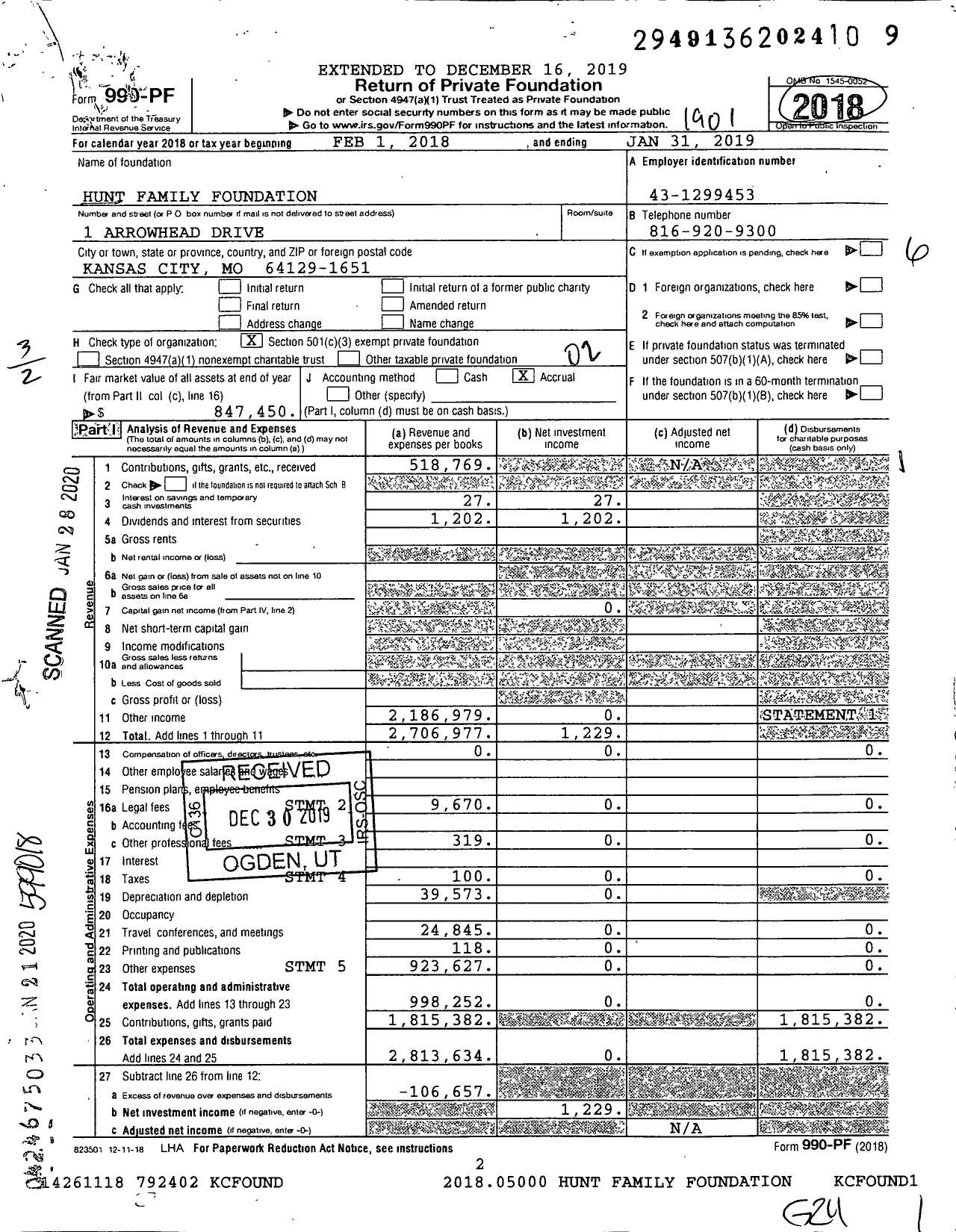 Image of first page of 2018 Form 990PF for Hunt Family Foundation